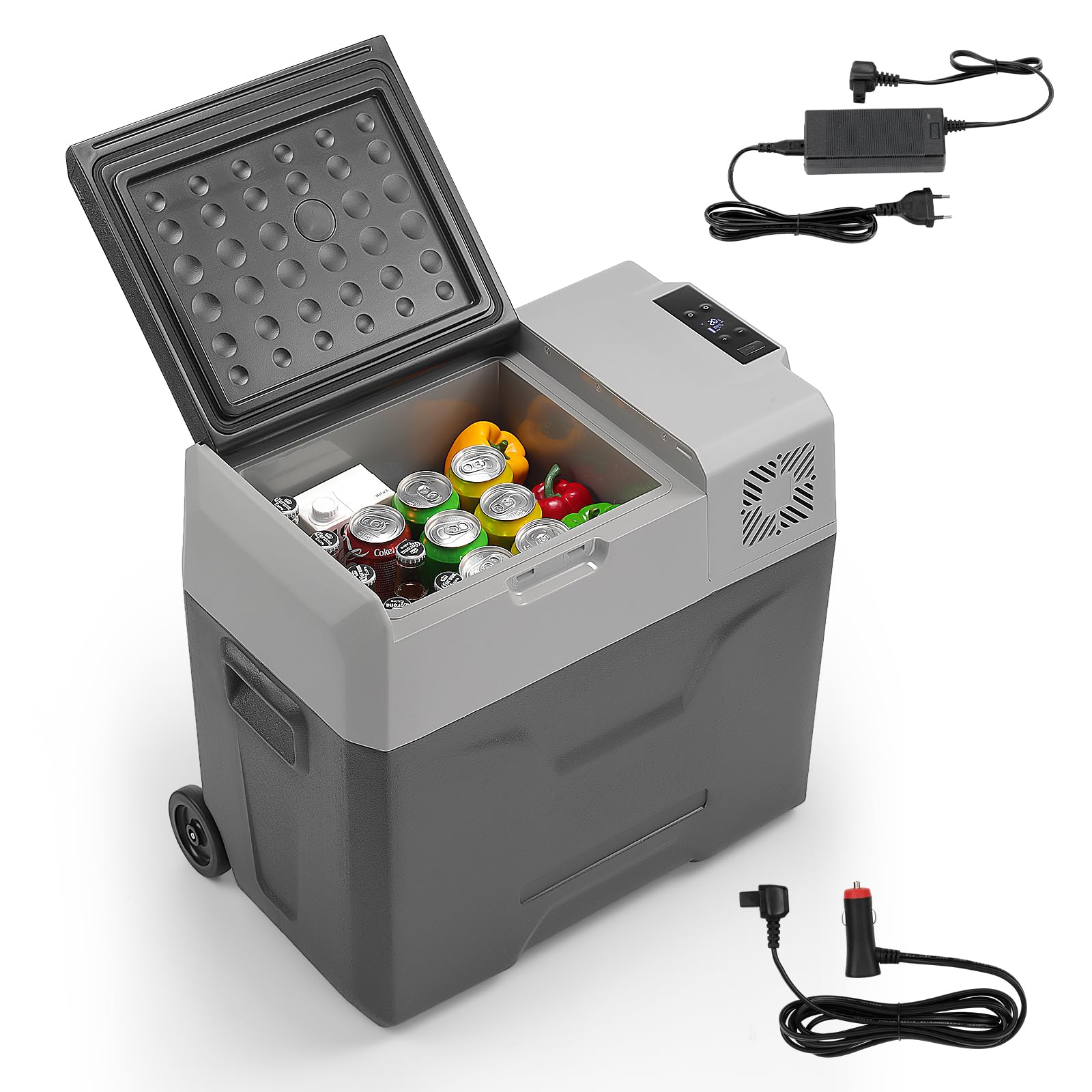 Przenośna lodówka z kompresorem, 50 l, 12 V, 24 V, 230 V, przenośna, mała zamrażarka do -20 °C, do samochodu, na kemping, ciężarówkę, łódź i gniazdko z przyłączem USB, drążek teleskopowy