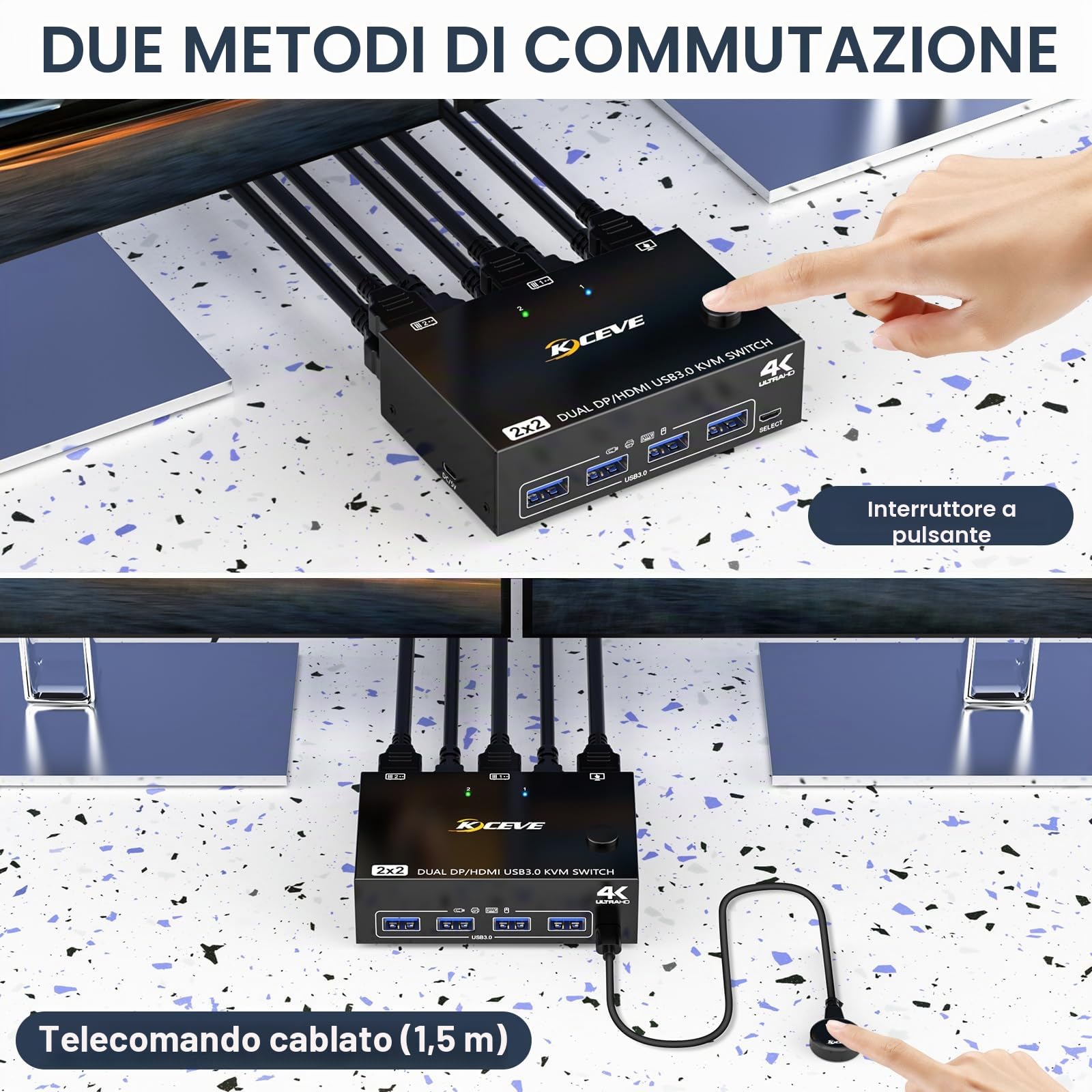 USB 3.0 HDMI + DisplayPort Switch KVM 2 PC 2 Monitor 4K@60Hz 2K@120Hz, MLEEDA Dual Monitor KVM Switch 2 PC con 4 Porte USB 3.0 per Tastiera, Mouse, Dotato Telecomando Cablato e Cavi