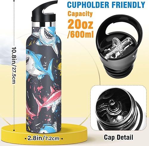 Miniatura 2 de Reusable Water Bottles with Straw Lid Nature Shark Pirate Style Vacuum Insulated Leakproof and BPA Free for Travel, Camping, Sports
