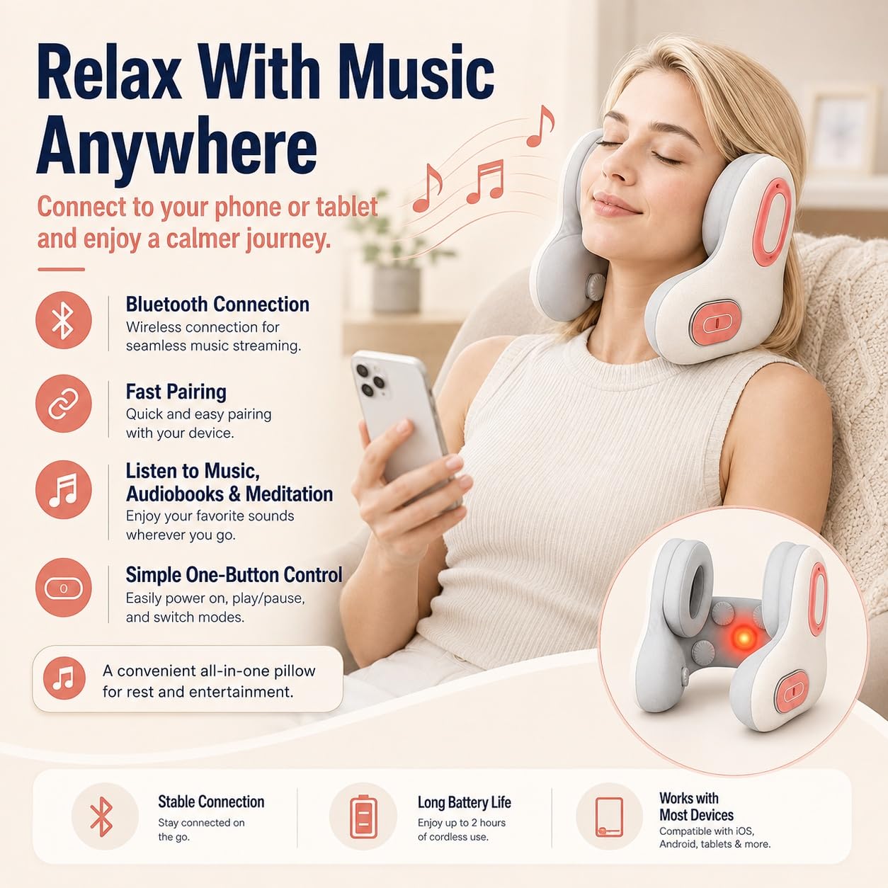 Almohada de Viaje Musical 3 en 1 Bluetooth con Calor y Masaje