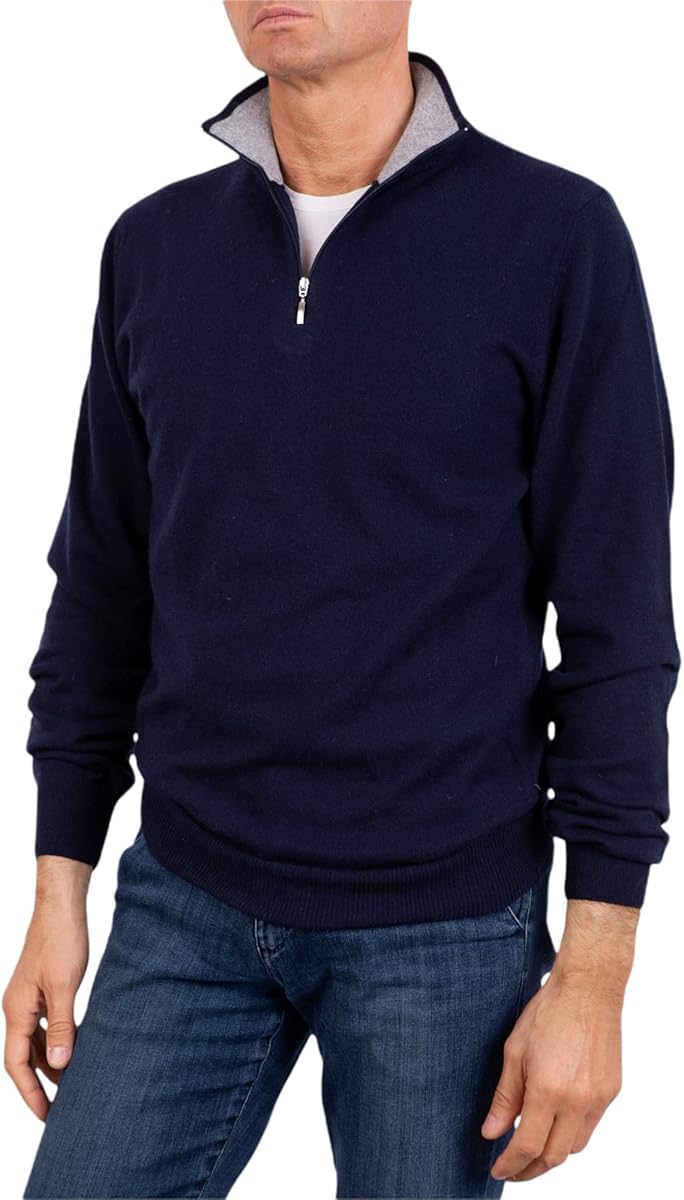 Pull Demi Zip Homme Mixte Cachemire Soie Made in Italy - Manches Longues Laine Mérinos - Beige Bleu Gris Tricot - Vêtements Hiver Cadeau