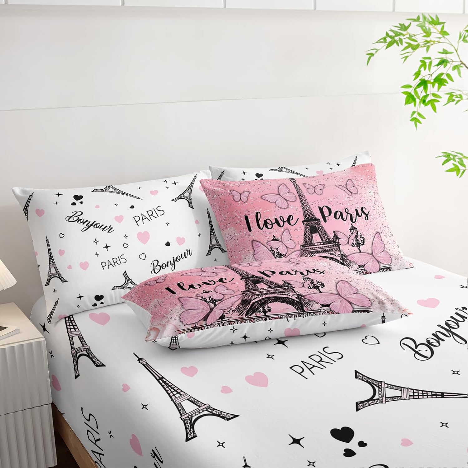 AILONEN Pink Paris Comforter Set Queen Size,7-Piece Soft Bed in a Bag,Butterfly Eiffel Tower Comforter & Fitted Sheet & Flat Sheet & 2 Pillowcases,2 Pillow Shams for Girls Women