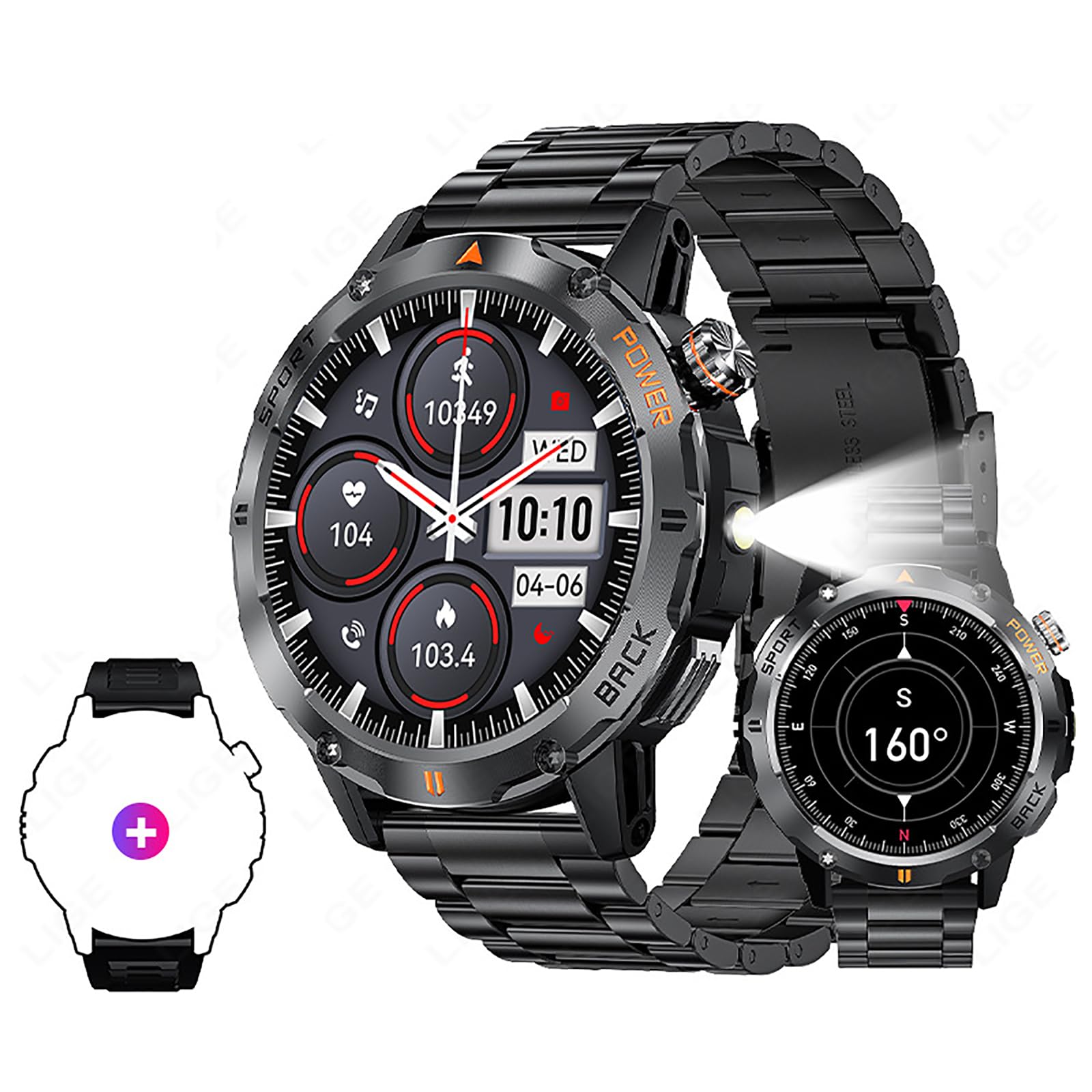 Smart Watch, Outdoor Smart Sports Watch, GPS Men Fitness Smartwatches con Schermo IPS da 1,53 Pollici E Torcia LED, Funzione Bussola, Resistenza all'Acqua P68 per Android E iOS