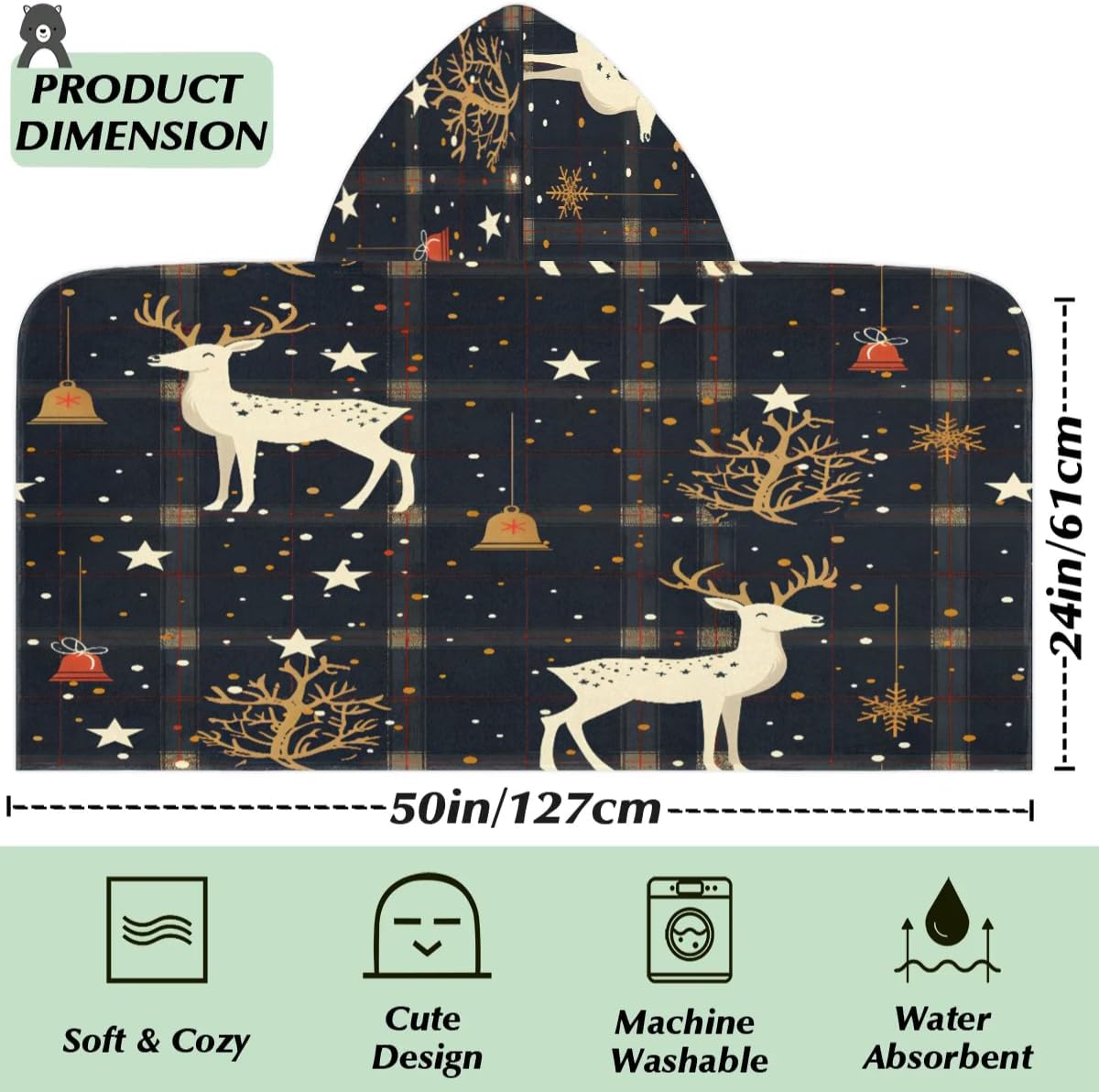 Pardick Kid Bath Towels Christmas Reindeer Kids Towel with Hood for Girls Boys Beach Towel Pool Cover Up Soft Absorbent Toddler Hooded Bath Towel for Shower, Beach, Pool