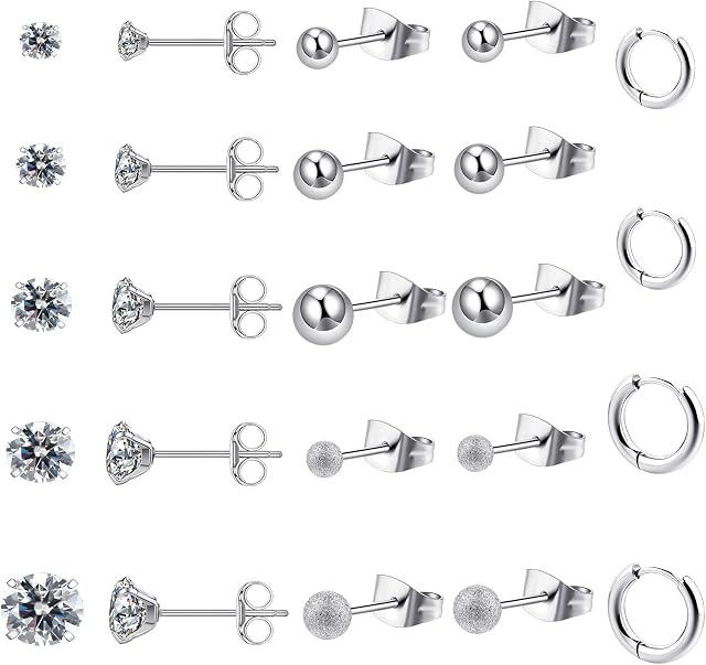KANOUE 12 Pairs Stainless Steel Small Stud Earrings For Women Multipack,Cubic Zirconia Earrings Set Silver Stud Earrings For Girls,Hypoallergenic Earrings For Women Hoop Earrings Men