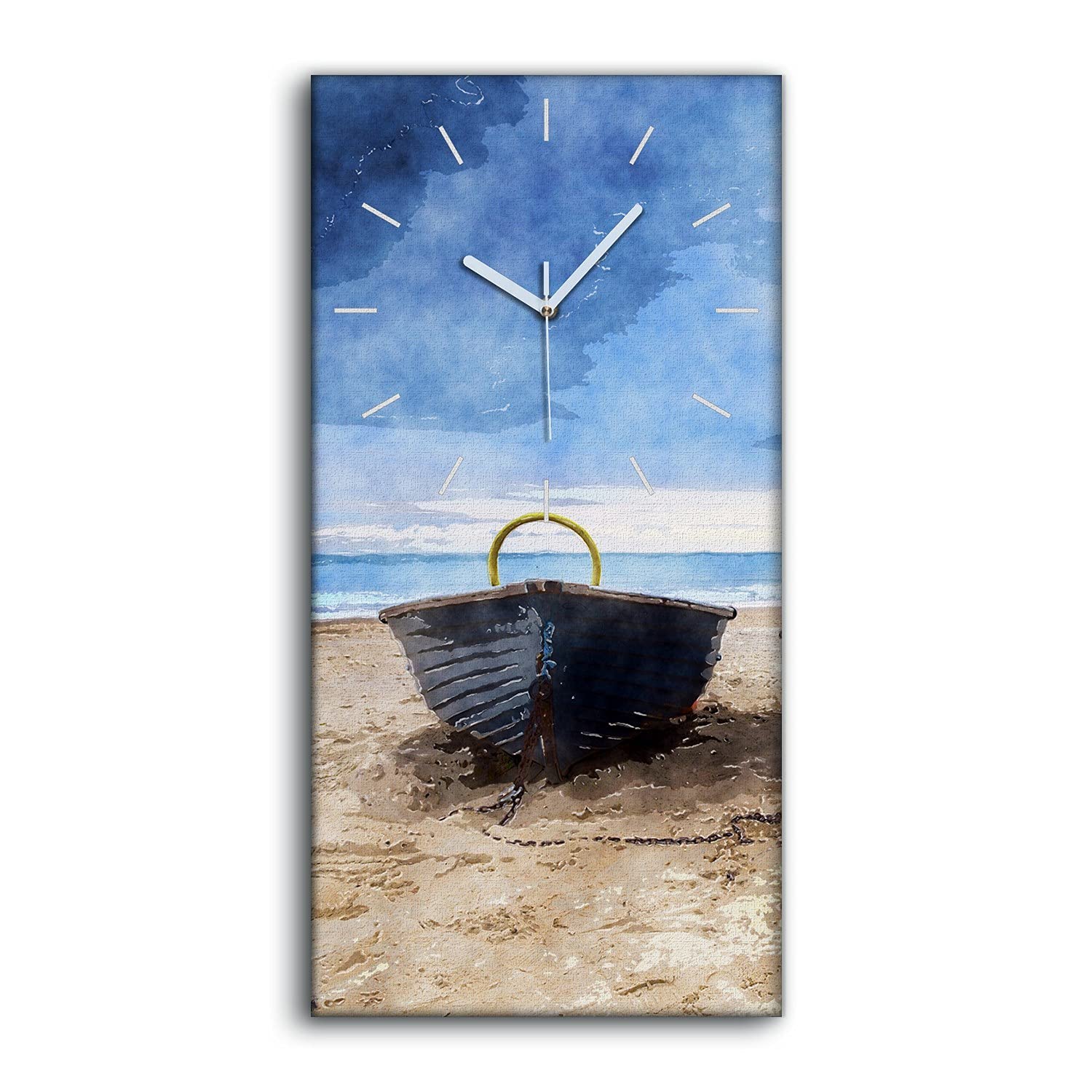 Horloge sur toile sans tic-tac 30x60 décor maritime pour chambre à aiguilles blanches