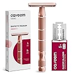CAVEEM Rose Gold Double-Edge Safety Razor, Single-Blade Razors with 5 Stainless Steel Blades, Reusable Metal Razor for Men and Women