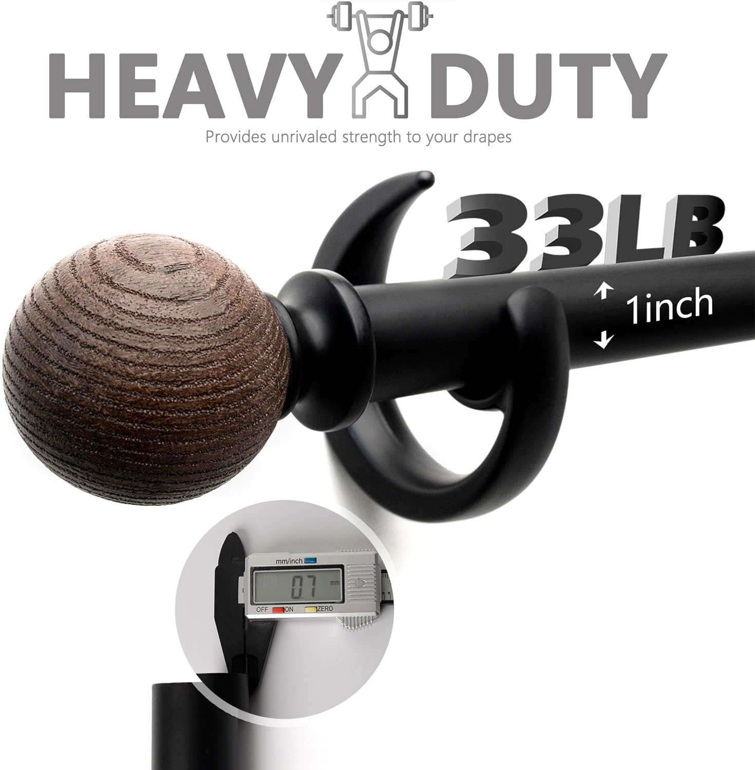 16-144" Adjustable Wood Grain Curtain Rod with Round Finials, Heavy Duty Extendable Drapery Rod, Complete Window Treatment Set for Living Room Bedroom