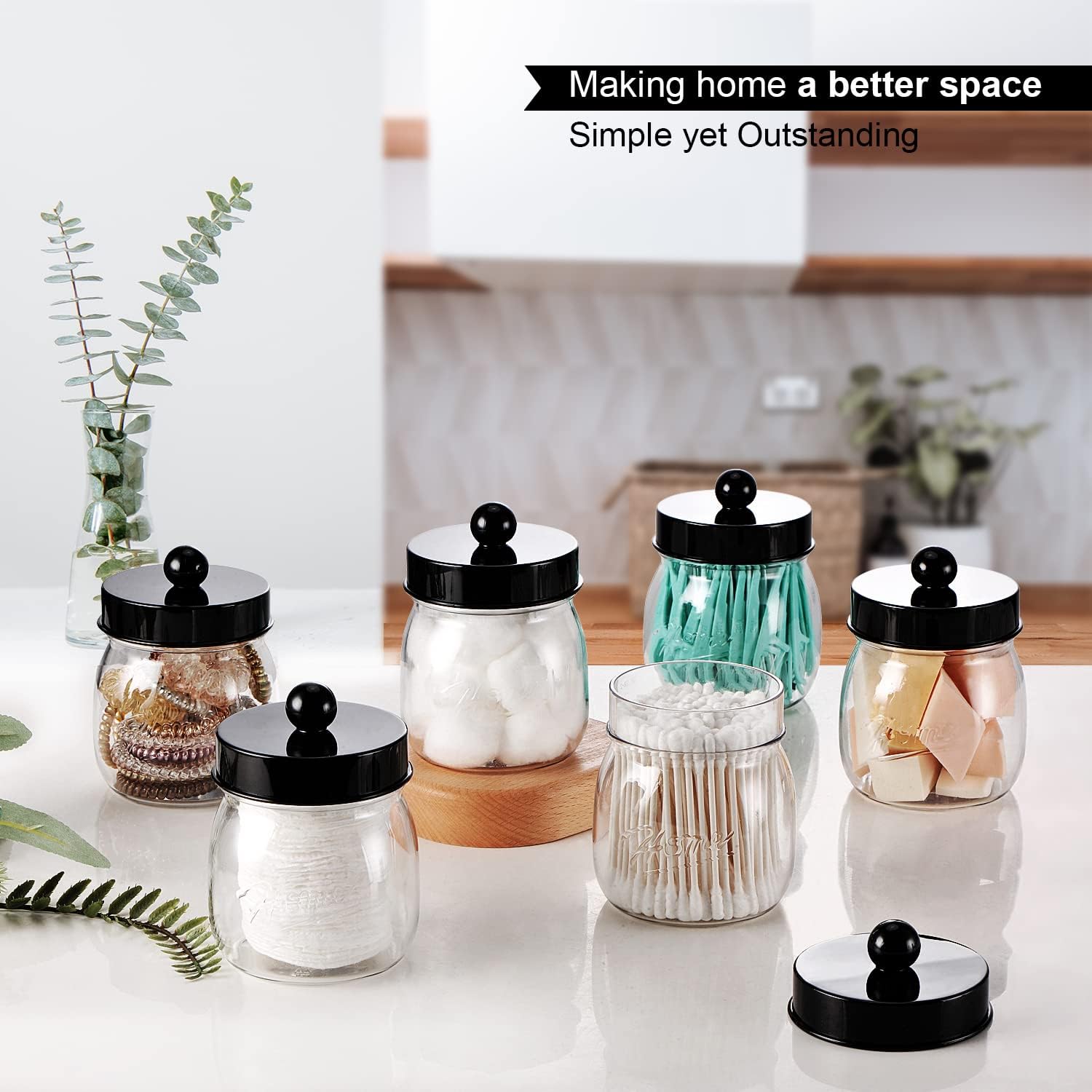 SheeChung Farmhouse Decor Apothecary Jar Set,Mason Jar Bathroom Vanity Storage Organizer Canister Qtip Holder Makeup Organizer for Cotton Balls,Swabs,Pads,Bath Salts (10PCS,Black&Clear)