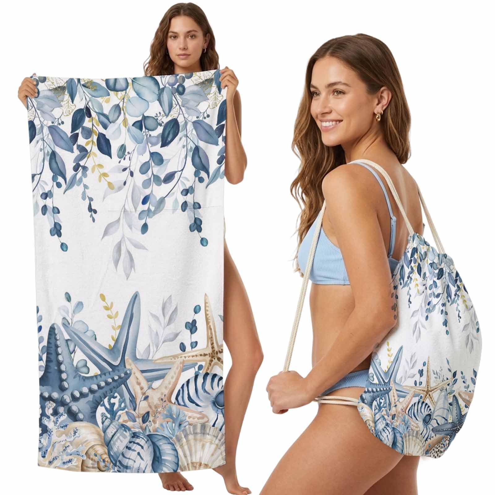 Beach Towel Backpack, Coastal Blue Khaki Starfish Conch 2-in-1 Foldable Soft Microfiber Quick Dry Beach Towel 31.5x63in Rural Gradient Eucalyptus Lightweight Pool Towels Bag for Travel, Yoga, Gym