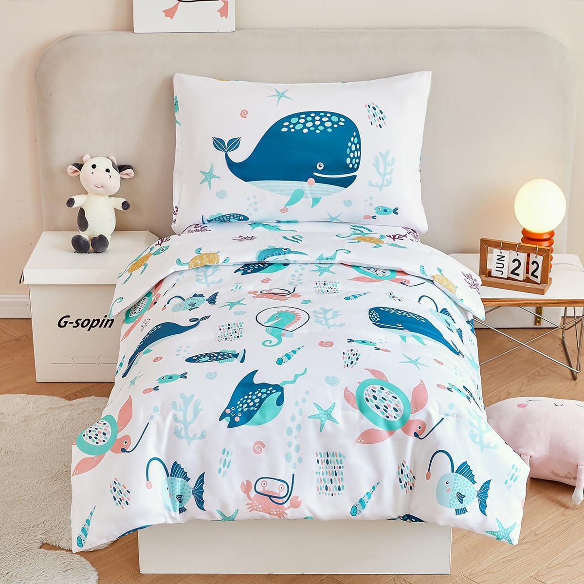 PERFEMET 4 Pcs Toddler Bedding Set Ocean Themed Toddler Comforter for Girl Soft Reversible Under Sea Animals White Toddler Bed in A Bag for Boys Girls(White, Whales)