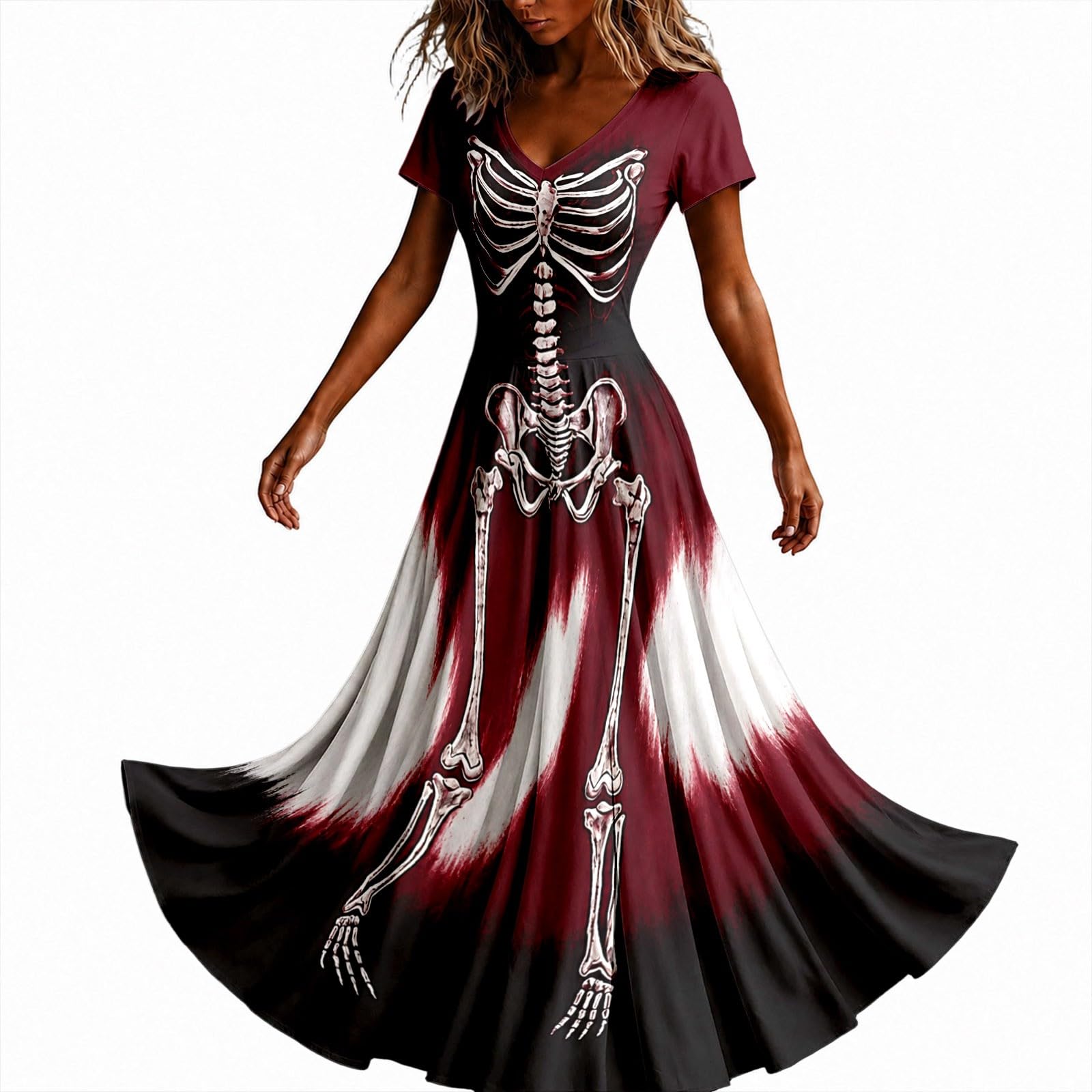 Halloween Dresses for Women UK Ladies Gothic Dress Skeleton Print Costume Short Sleeve V Neck Plus Size Costumes Scary Funny Skeleton Printed Halloween Elegan Flowy Maxi Dress Cosplay Party