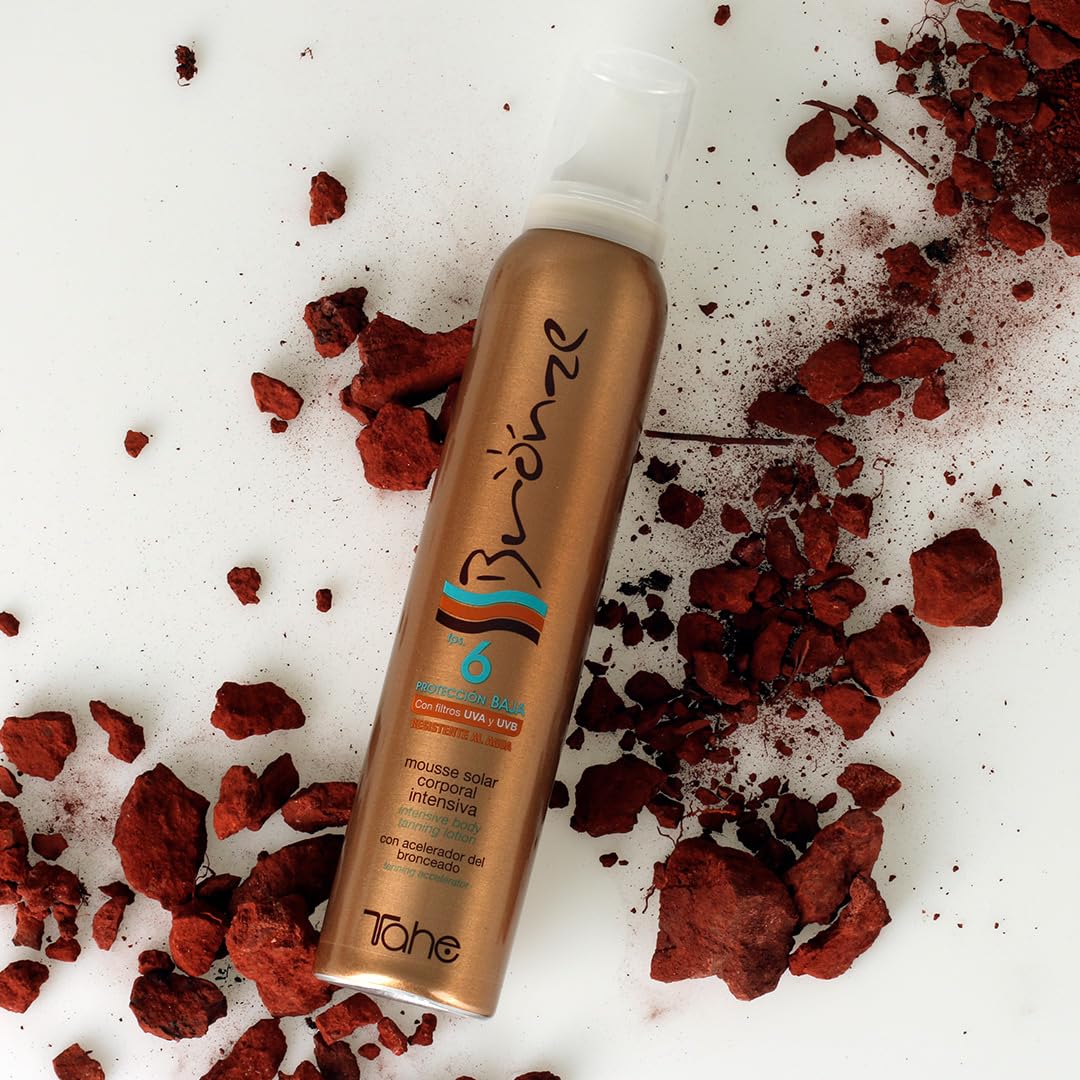 Tahe Bronze Protector Solar en Espuma Textura Mousse/Espuma Bronceadora Solar Intensiva Corporal con Activos Anticelulíticos y Reafirmantes, F.P.S. 6, 200 ml