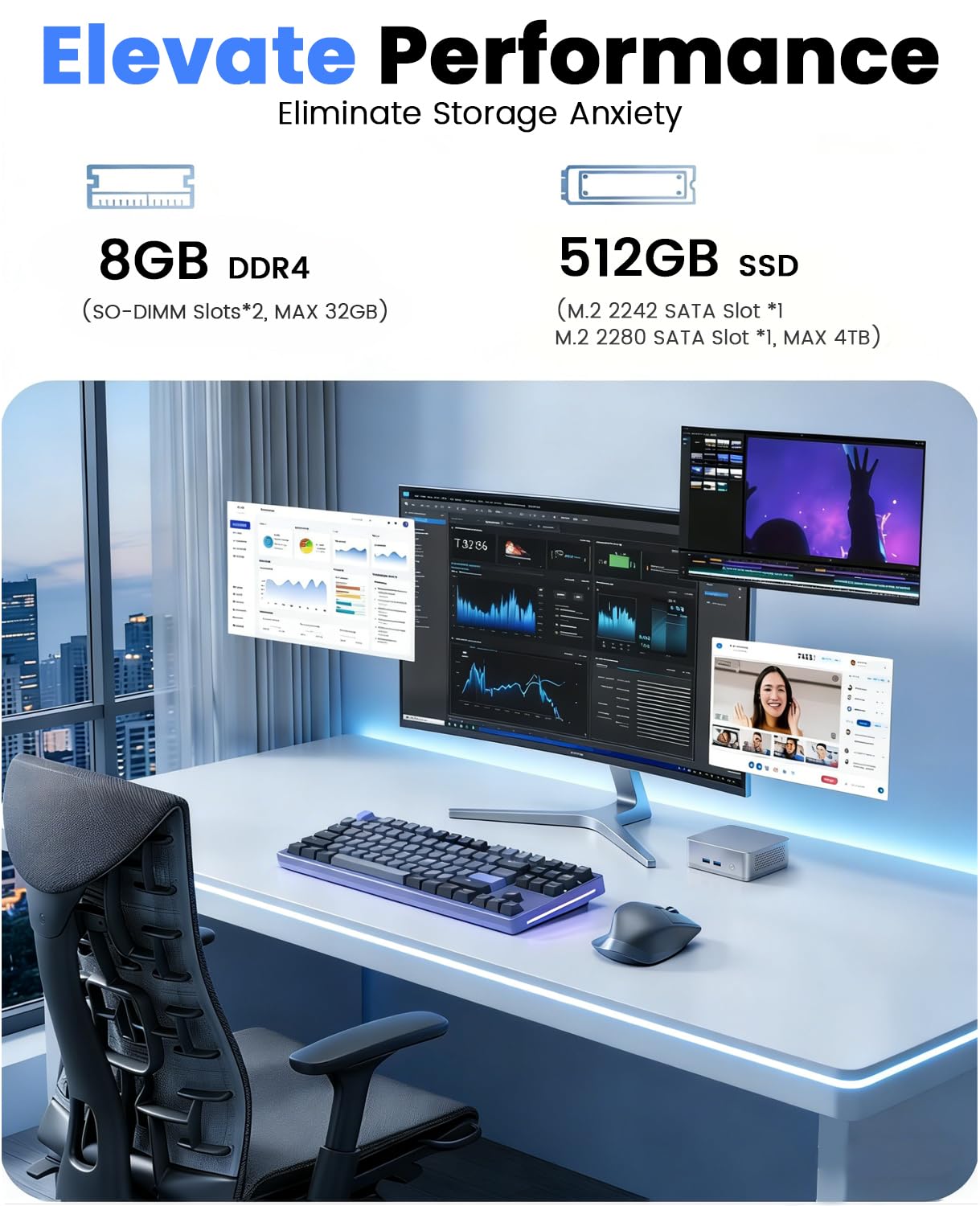Kayoote Mini PC Desktop Processore Ryzen 3 3200U (Fino a 3,5GHz) Win 11 Pro, 8GB RAM DDR4 512GB SSD, 4K Doppio Schermo HDMI/USB3.0/WiFi 6/BT5.2/Type-C/RJ45 Ethernet per Casa, Studio, Ufficio