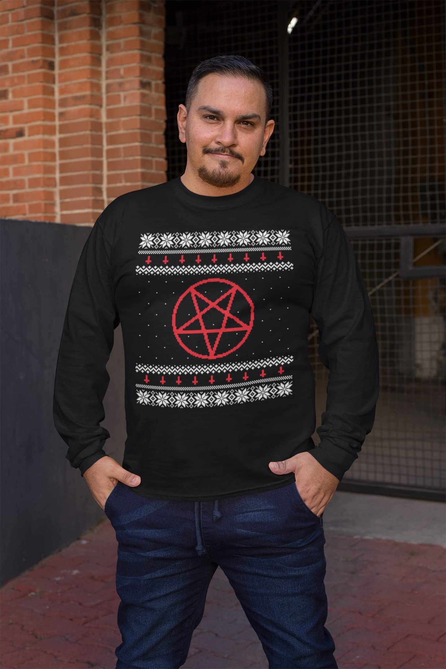 Old Glory Pentagram satanico Brutto Natale Maglione Nero Adulto Manica Lunga t-Shirt-X-Large