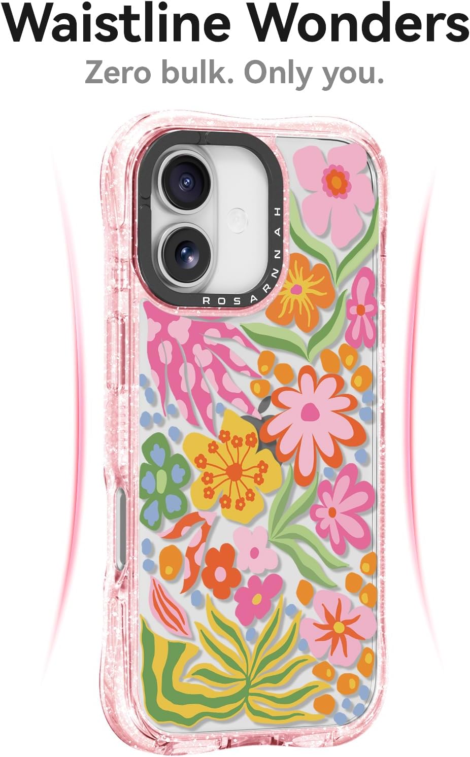Rosarnnah for iPhone 17 Case Cute - Military-Grade 20 ft Drop Protection Shockproof Phone Case - Funny Passion Flower Design (6.3") Glitter Pink