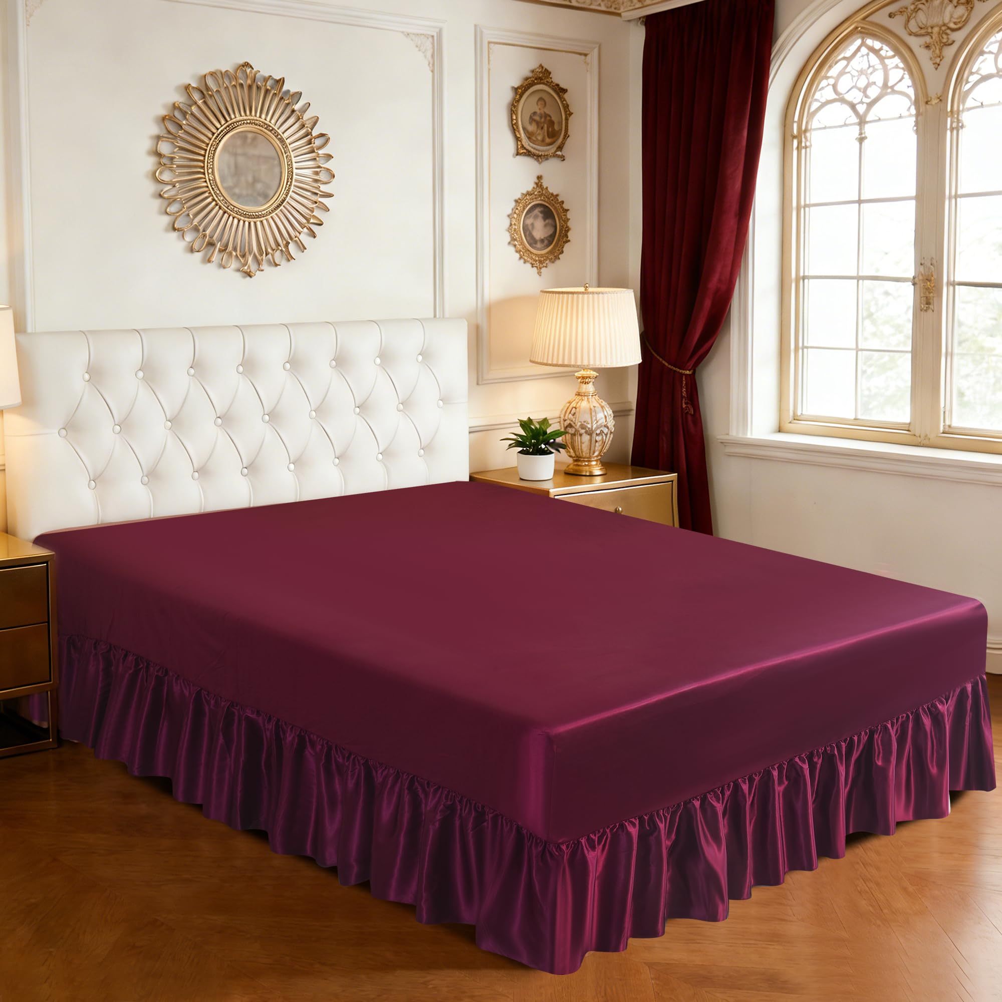 Luxury Satin Valance Sheet | Smooth Satin Bedsheet with Bed Skirt | Deep Fitted Mattress Cover | Hotel-Style Bed Base Cover | Single, Double, King & Super King | Burgundy, Double
