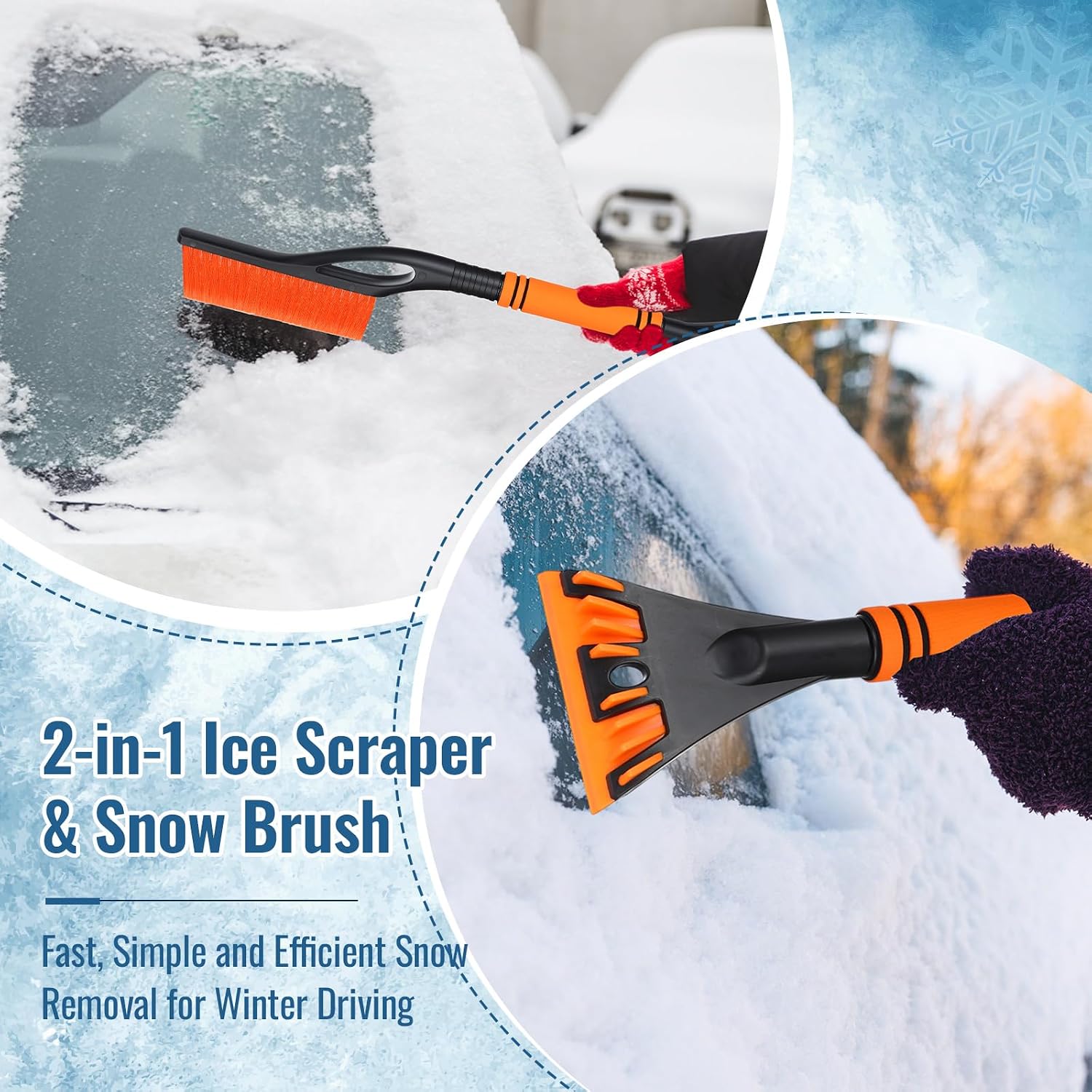 Lasnten Orange 24'' Snow Brush and Ice Scraper for Car Windshield Set, 2 in 1 Detachable Snow Scraper with Soft Grip Handle and Additional Handhold, Multi-Functional Removal Tool for Car, Truck, SUV