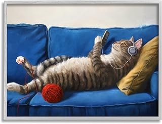 Stupell Industries Cat Couch Relaxing Red Yarn Ball Pet Portrait Grey Framed Wall Art, 20 x 16, Blue