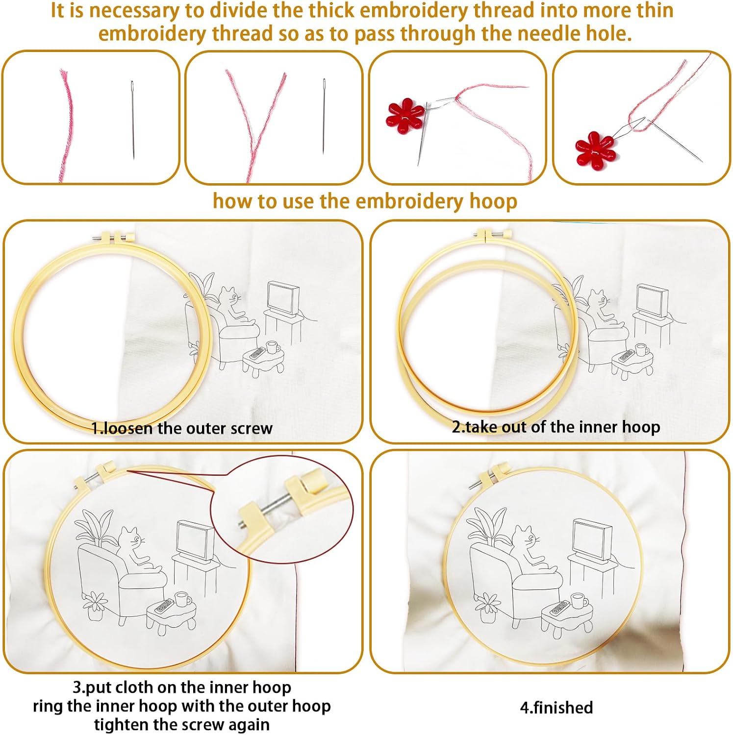 BEUNITONE 4 Set Embroidery Kit for Beginners, Daily Life of Cats Patterns Cross Stitch Kits, Needlepoint Kits for Adults with Hoop, Cute Hand Embroidery Patterns for Cloth and Home Decor image 3