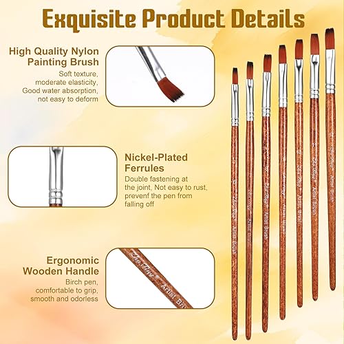 Miniatura 6 de Giantree Juego de 12 pinceles planos, pinceles profesionales de nailon para pintura, pincel de artista de mango largo para acuarela acrílica y