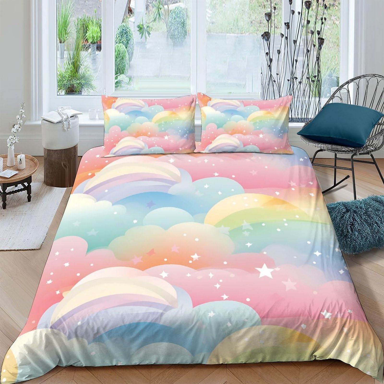Ctjqhvkz Style-2 3D Printed Rainbow Dream Clouds Fitted Sheet Microfiber Soft Pastel Bed Cover For Bedroom Guest Room Decor Single（135X200cm）