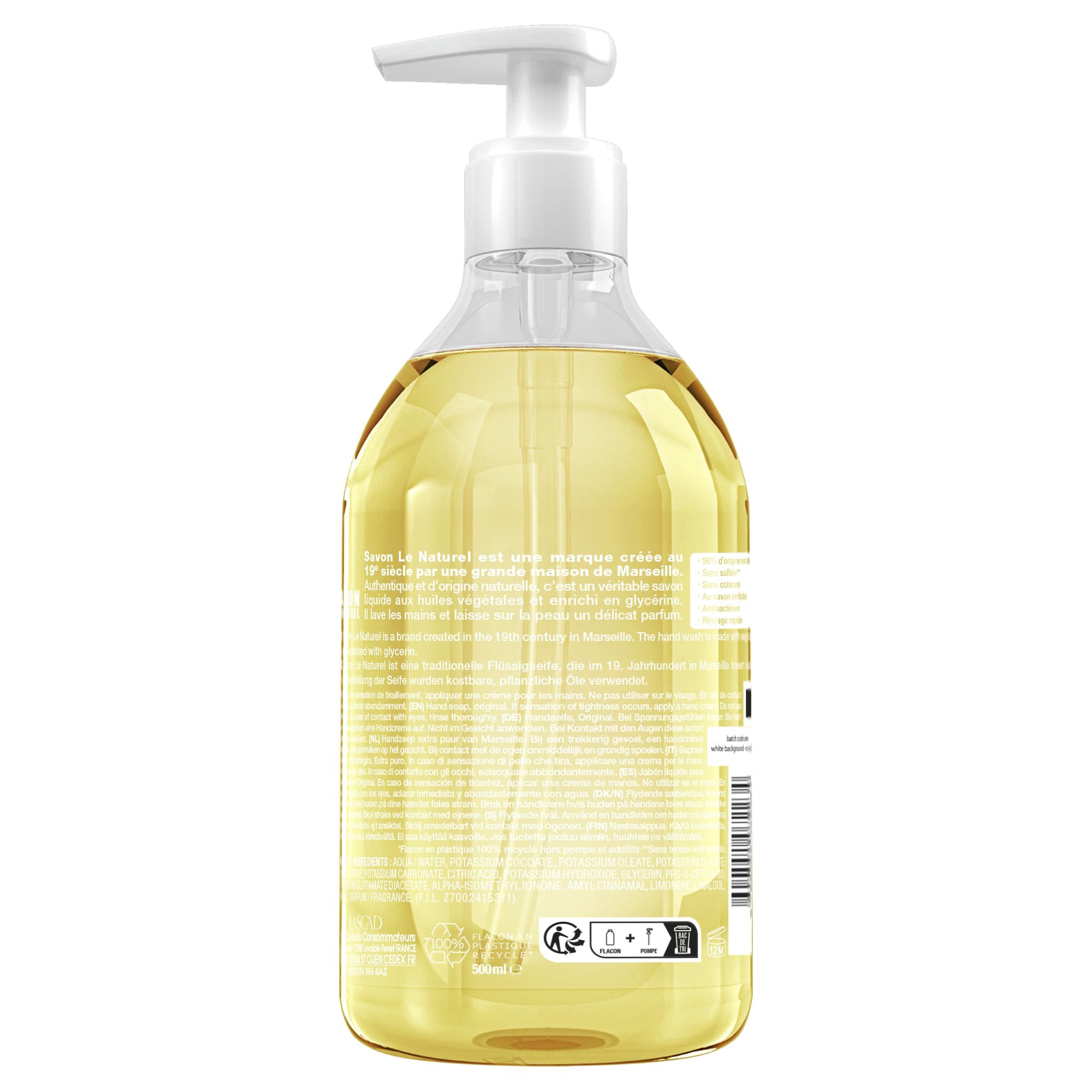 Savon Le Naturel - Sapone Liquido Extra Pur di Marsiglia - Origine Naturale - Oli Vegetali e Glicerina - Per Tutti i Tipi di Pelle - Senza Coloranti - Antibatterico - 500 ml