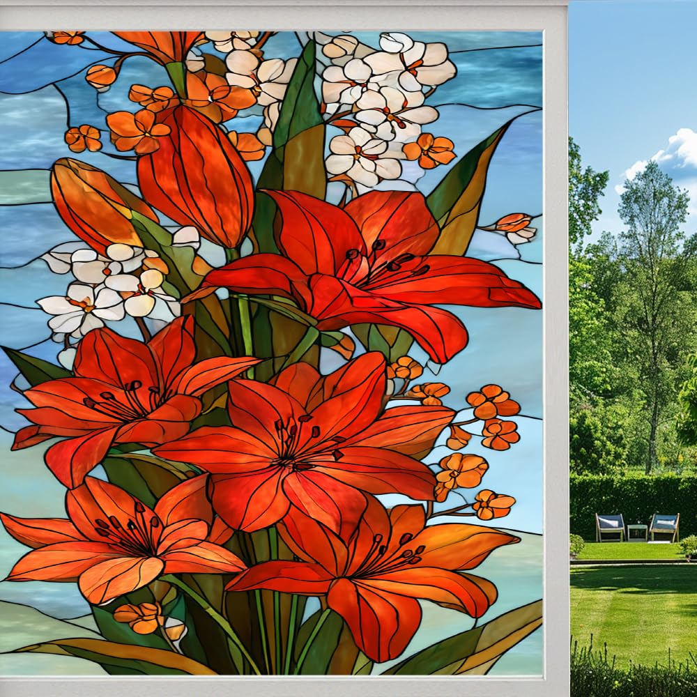 Pmlbaous Colorful Lily Stained Glass Window Film, Red Natural Flower Plant Peel And Stick Privacy Film, Frosted Adhesive Vinyl Decorative For Bathroom Windows Glass Doors, （45X60cm）