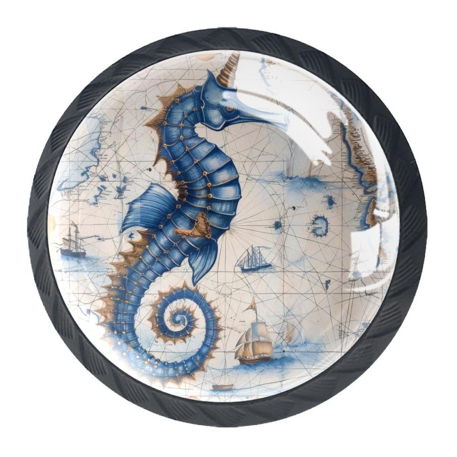4 Pack Kitchen Cabinet Knobs Blue Seahorse Nautical Map Drawer Knobs Dresser Knobs Drawer Pulls Black Cabinet Hardware for Dresser Drawers Closet