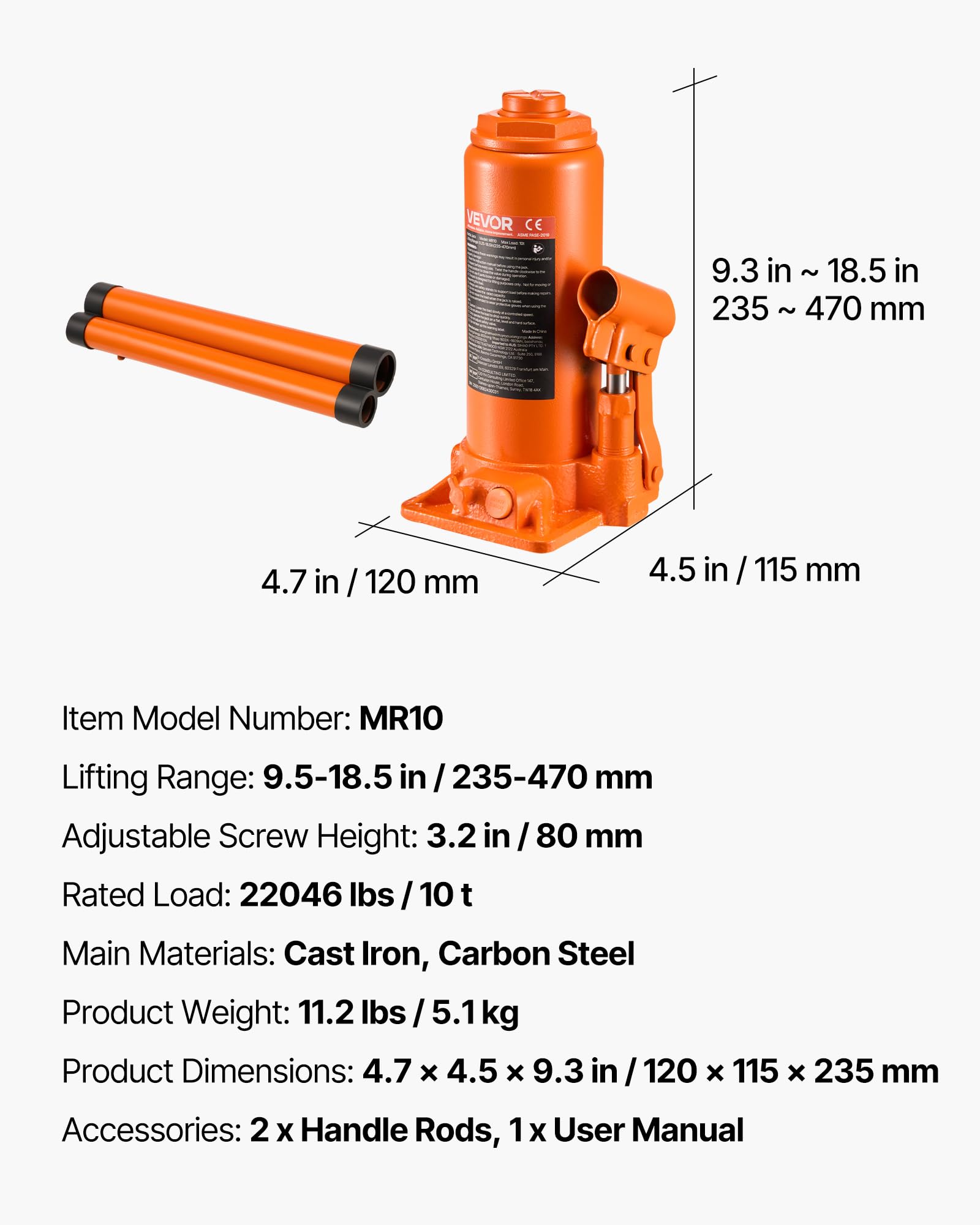 VEVOR Cric Bouteille Hydraulique Grande Capacité 10 T, Cric de Levage pour Voiture Plage de Levage 235-470 mm, pour Entretien Réparation Automobile et Équipement Agricole, Atelier Garage, Orange