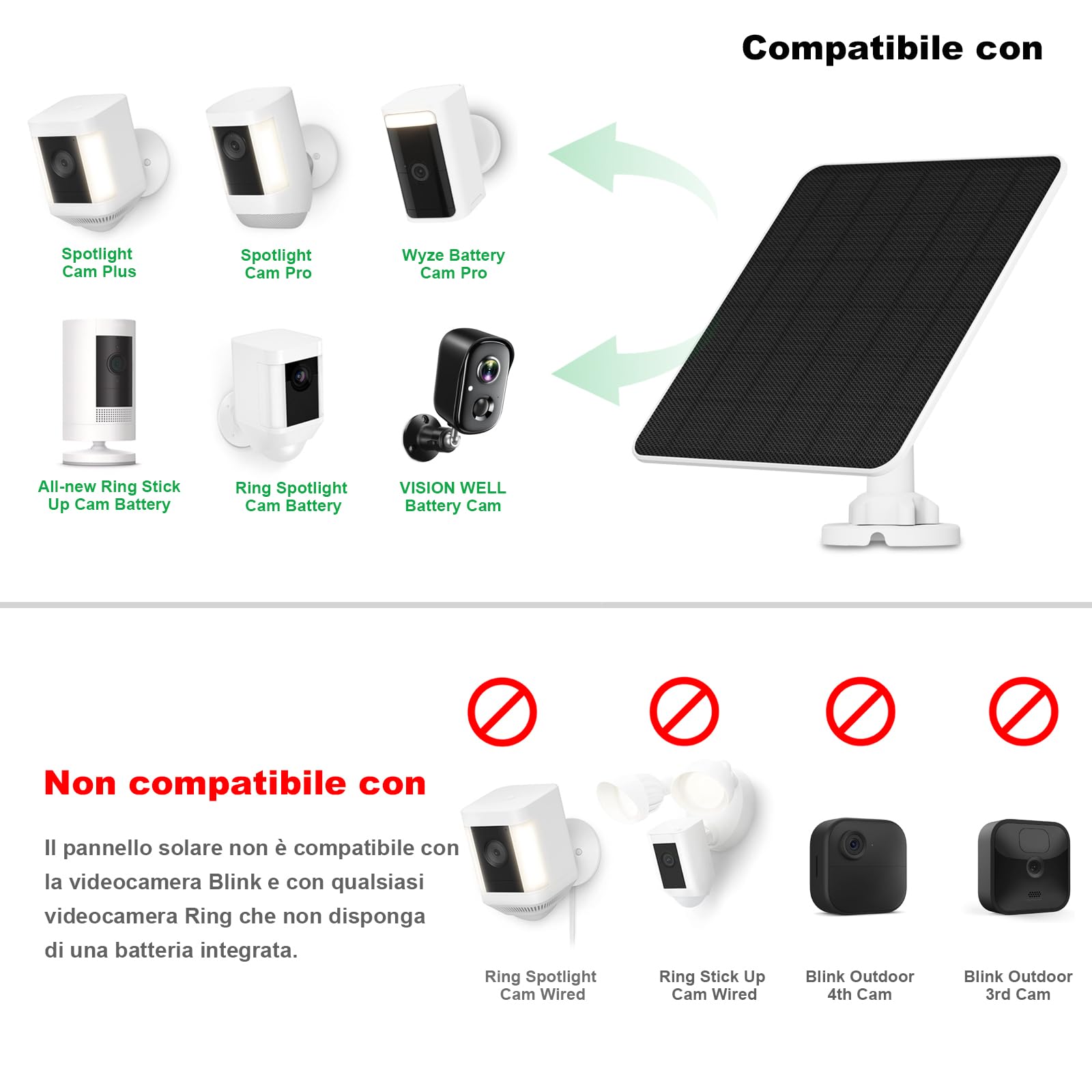 Pannello Solare per Telecamera Ring, 5W Solare per Stick Up Cam/Pro Batteria, Spotlight Cam/Plus/Pro, Wyze Batteria Cam Pro, Caricatore Solare per Telecamera Esterna con Cavo da 9,8 Piedi