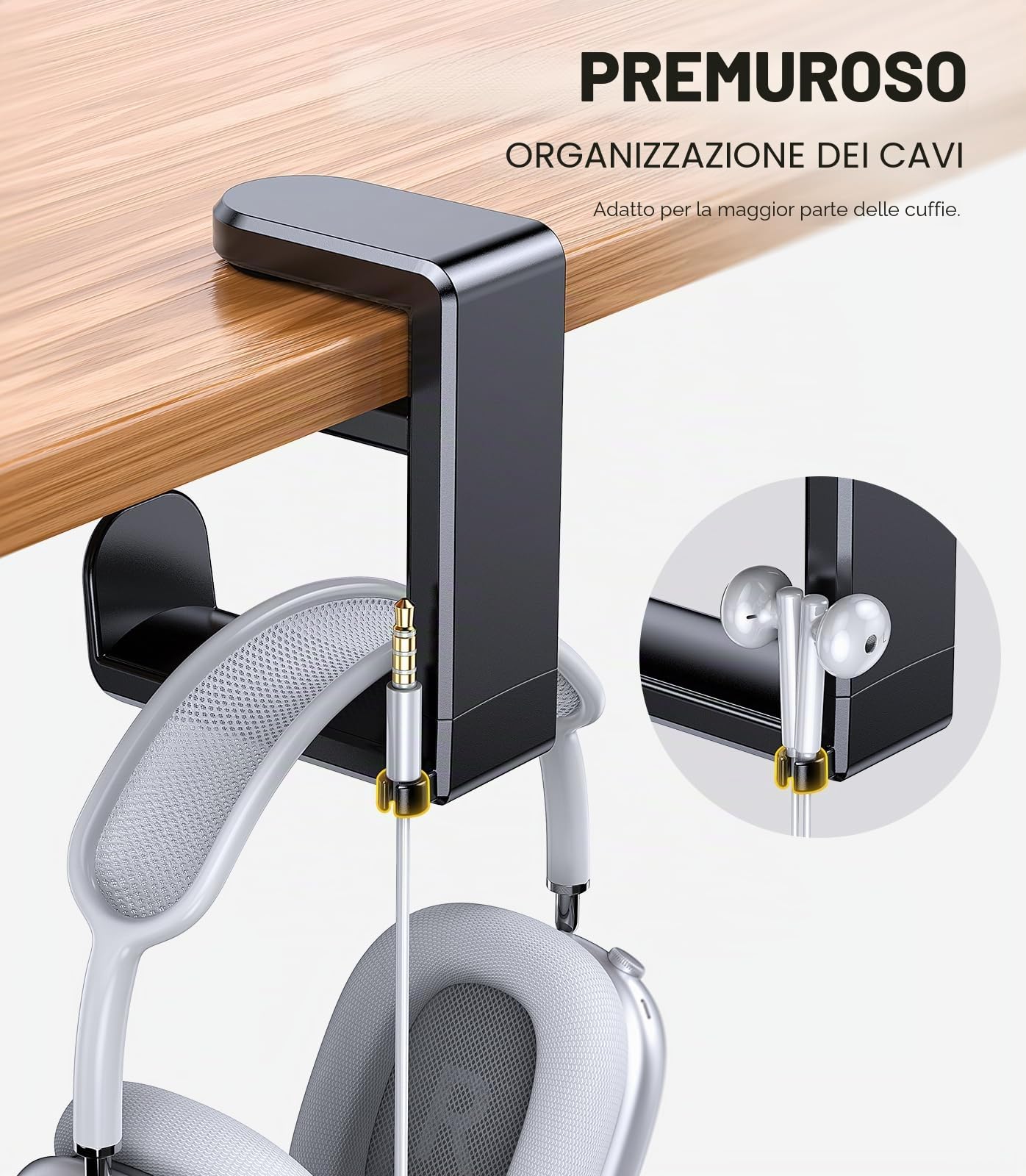 Coolpow Supporto per Cuffie Sotto la Scrivania【360° Girevole】 Porta Cuffie Gaming con Gancio Clip per Cavo per cuffie Sotto la Scrivania per Sony, Beats, HyperX
