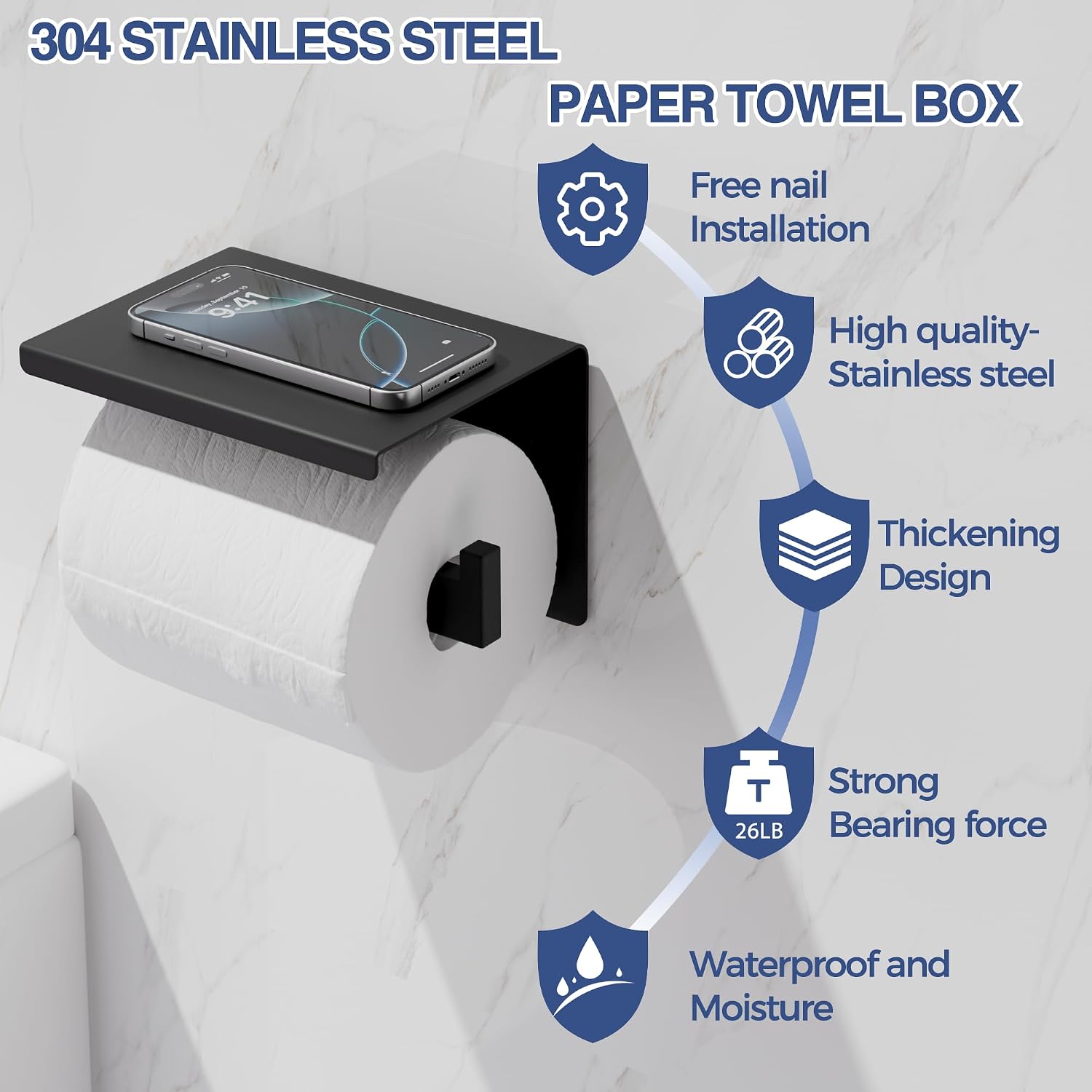 Aikzik Toilet Paper Holder, No Drilling, Self-Adhesive Toilet Roll Holder, Stainless Steel Toilet Paper Holder, Toilet Roll Holder, Toilet Roll Holder, Paper Holder for Kitchen…