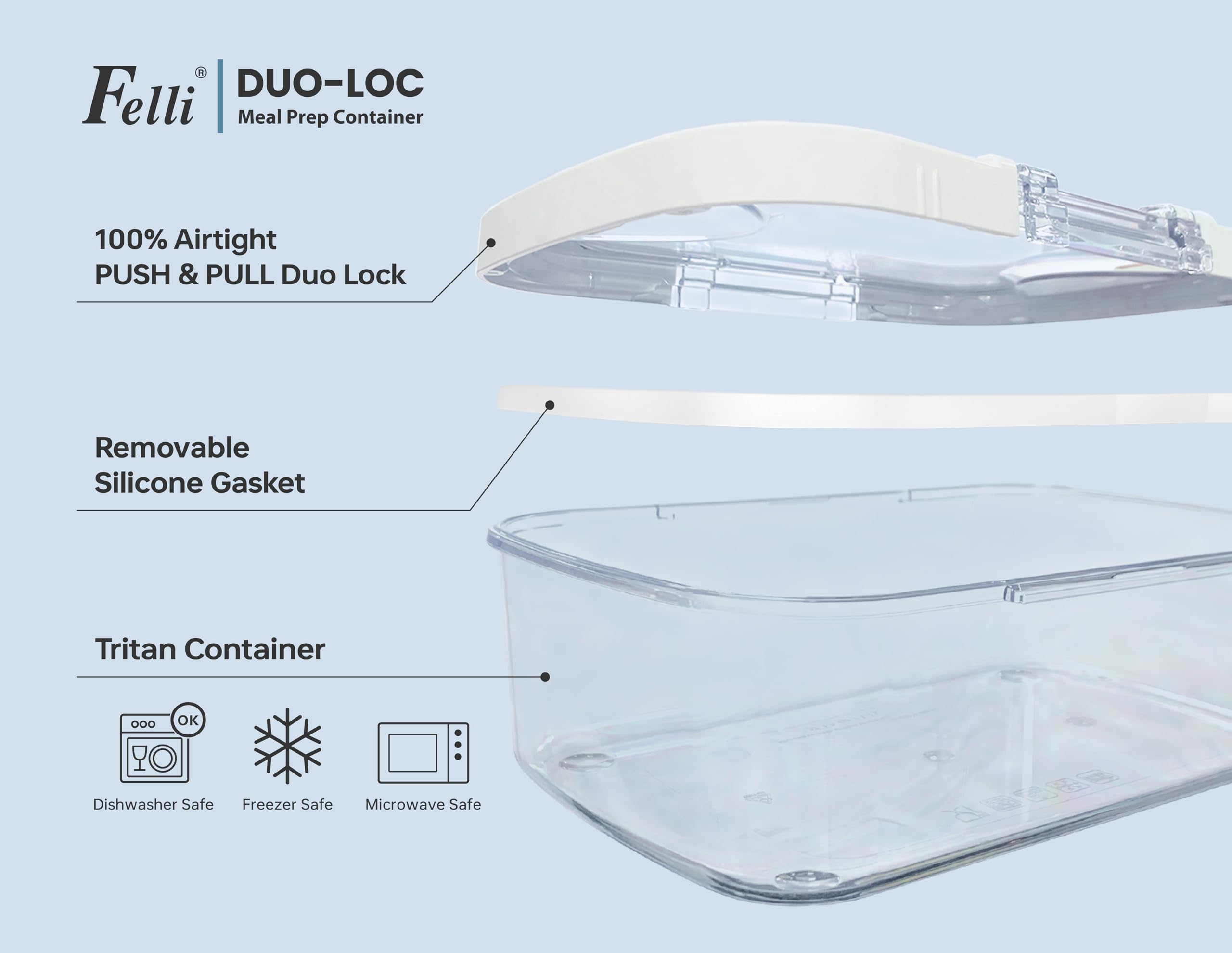 Felli Duo Loc - Contenedor reutilizable para la preparación de comidas, a prueba de fugas, apilable, para sobras, almacenamiento de alimentos, frutas, viajes, almuerzo, aperitivos, caja pequeña y