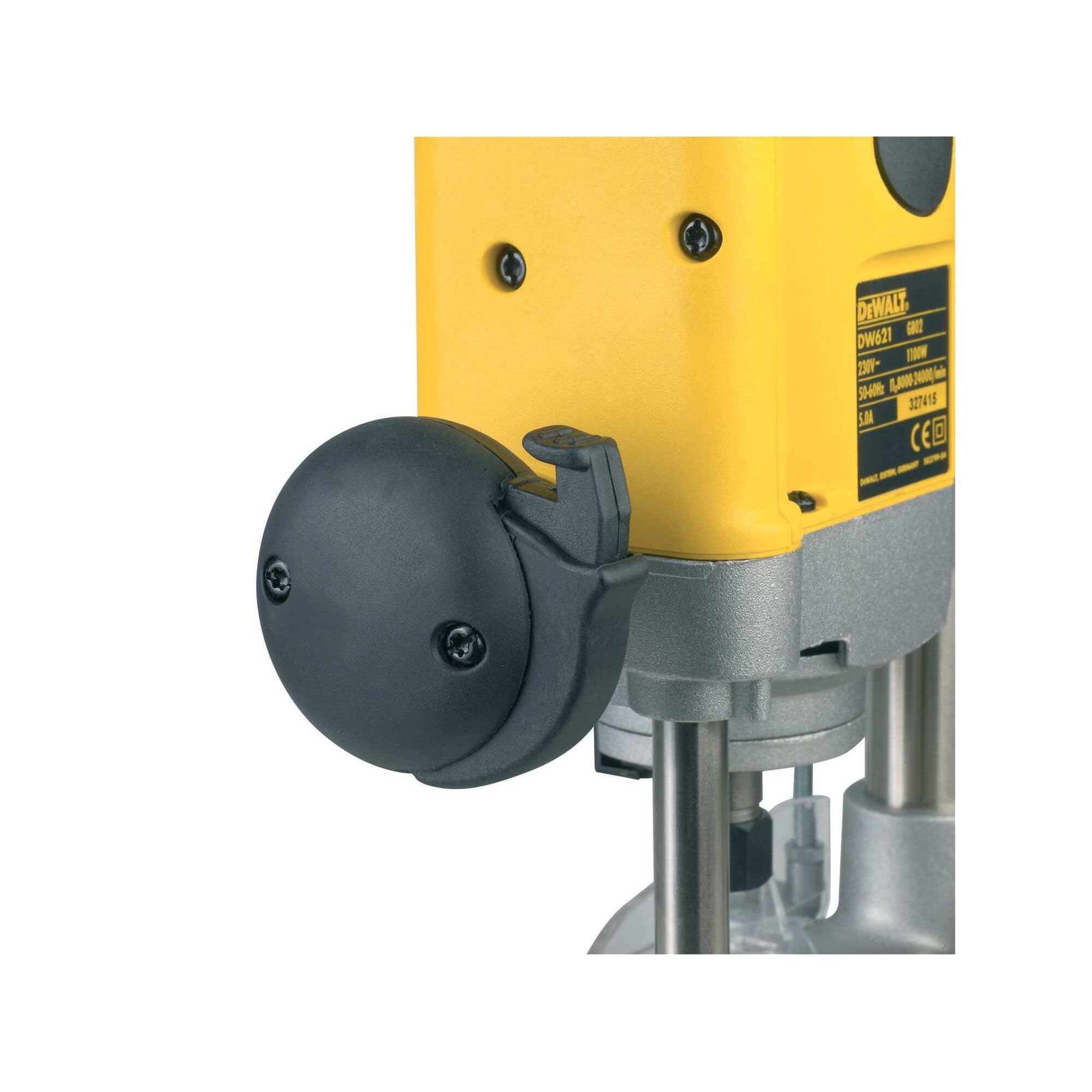 DeWalt Frezarka górnowrzecionowa (1,100 W, pełna elektronika falista ze stałą prędkością, prowadzeniem kosza frezującego, łagodny rozruch, blokada wrzeciona, precyzyjna regulacja, w zestawie TSTAK Box VI i akcesoria) DW621KT