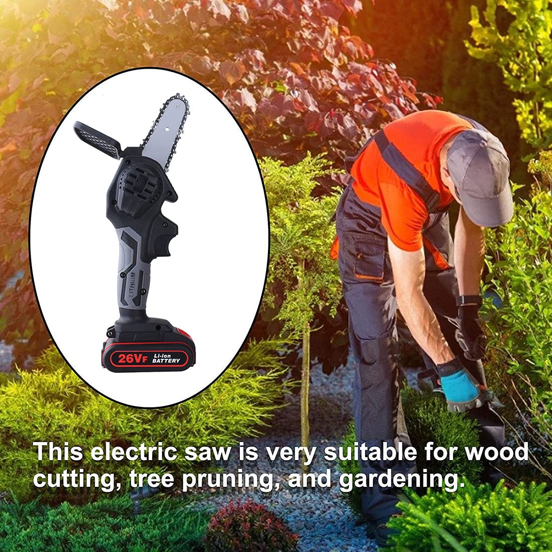 26 V piła elektryczna akumulatorowa mały ogród piła łańcuchowa ładowalna 15 cm mini piła łańcuchowa z 2 bateriami piły łańcuchowe do cięcia drzew gałęzi drewna bambus, czarny, 550 W
