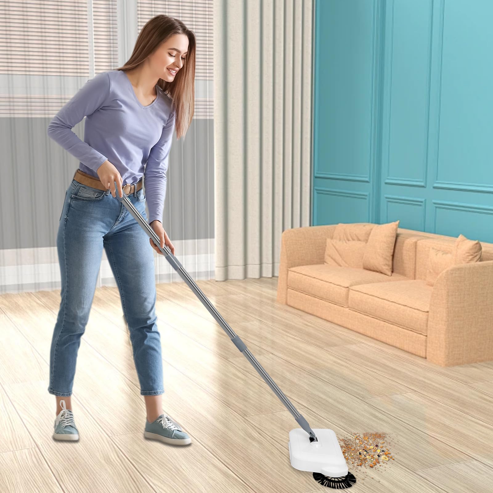 Macchina per la pulizia dei pavimenti a mano, girevole a 360 gradi, pieghevole, compatta, spazzatrice per moquette con spazzole in acciaio inox, adatta per pavimenti duri e bagnati