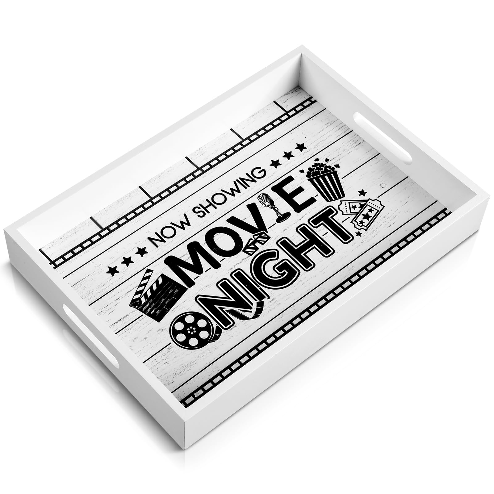 Teenyyou Bandeja de servir de noche de cine con asas, caja de almacenamiento de aperitivos de madera para bandeja de almacenamiento de encimera, cesta de almacenamiento para el hogar, patatas fritas,