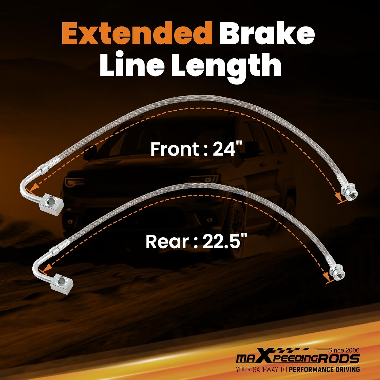 Image showing the measured lengths of the front (24 inches) and rear (22.5 inches) extended brake lines.