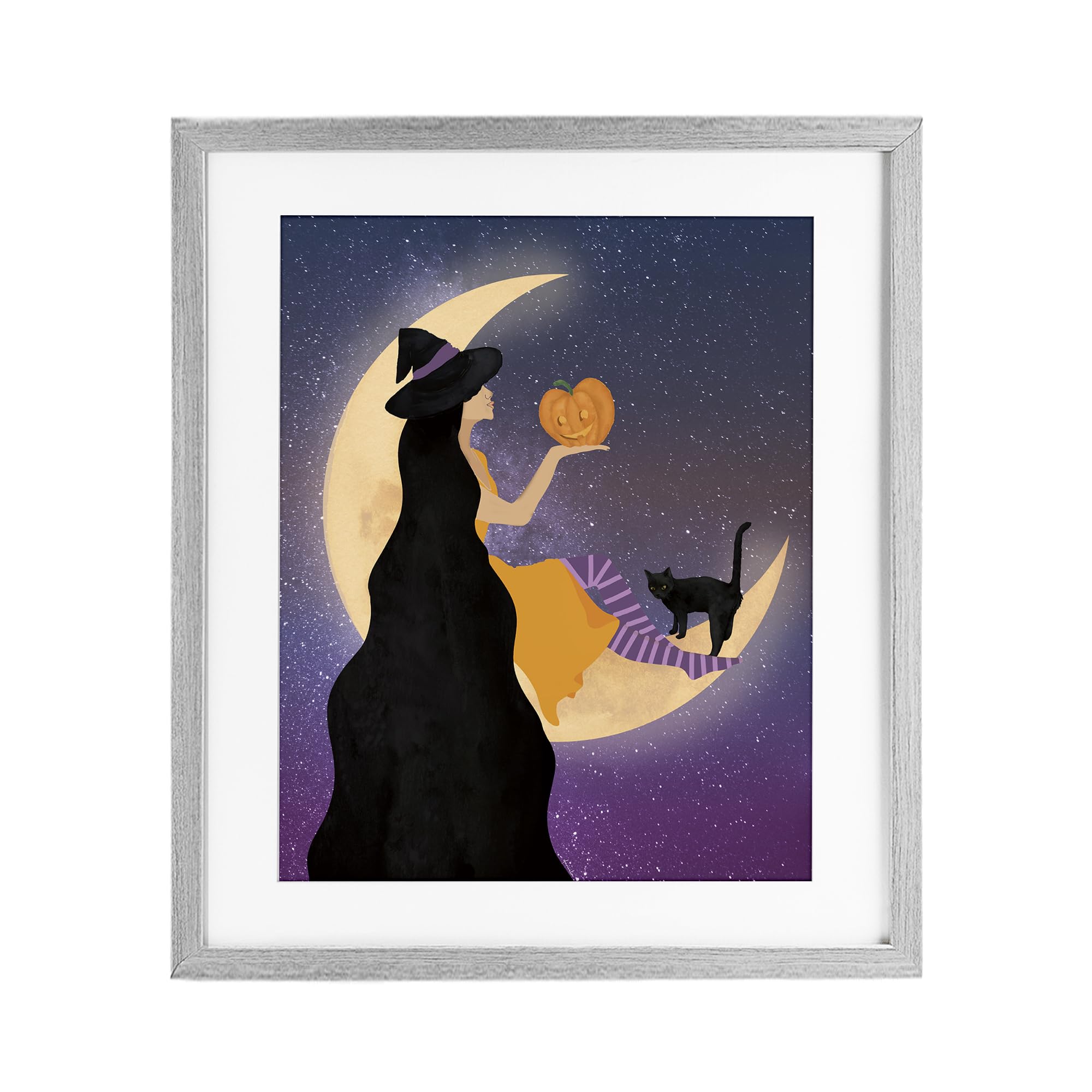Stupell Industries Farmhouse Gray (Textured) 'Moonlit Witch Holding Jack-O-Lantern', Framed Print Under Glass, Gray, 17 X 21 Inches, Easy To Hang And Sturdy, Made In Usa, By Daniela Santiago