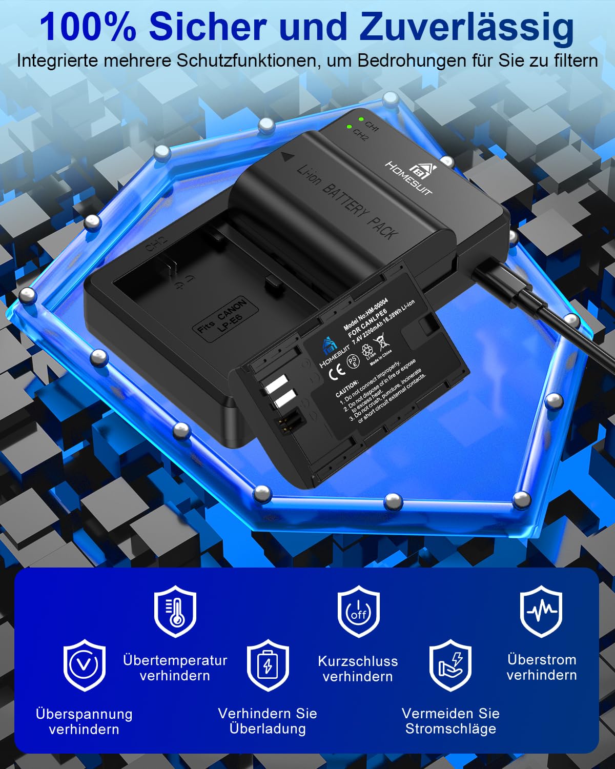 Homesuit LP-E6 LP-E6N Akku 2200mAh und USB LED Dual Ladegerät für Canon EOS 5D Mark IV, 5D Mark II, 5D Mark III, 6D Mark II, 7D Mark II, 60D, 60Da, 70D, 80D, 90D und mehr (2er-Pack)
