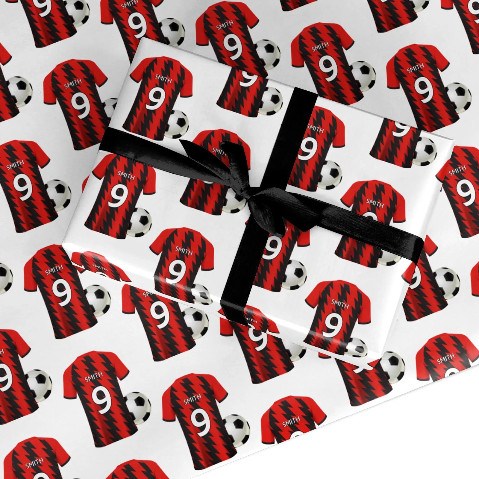 Red and Black Stripes Personalised Football Shirt Wrapping Paper Custom Birthday Gift Wrap - For Him Mens Dad Father's Day Christmas Boys Kids Adult - Any Name & Number - 3 Sheets (50cm x 65cm each)