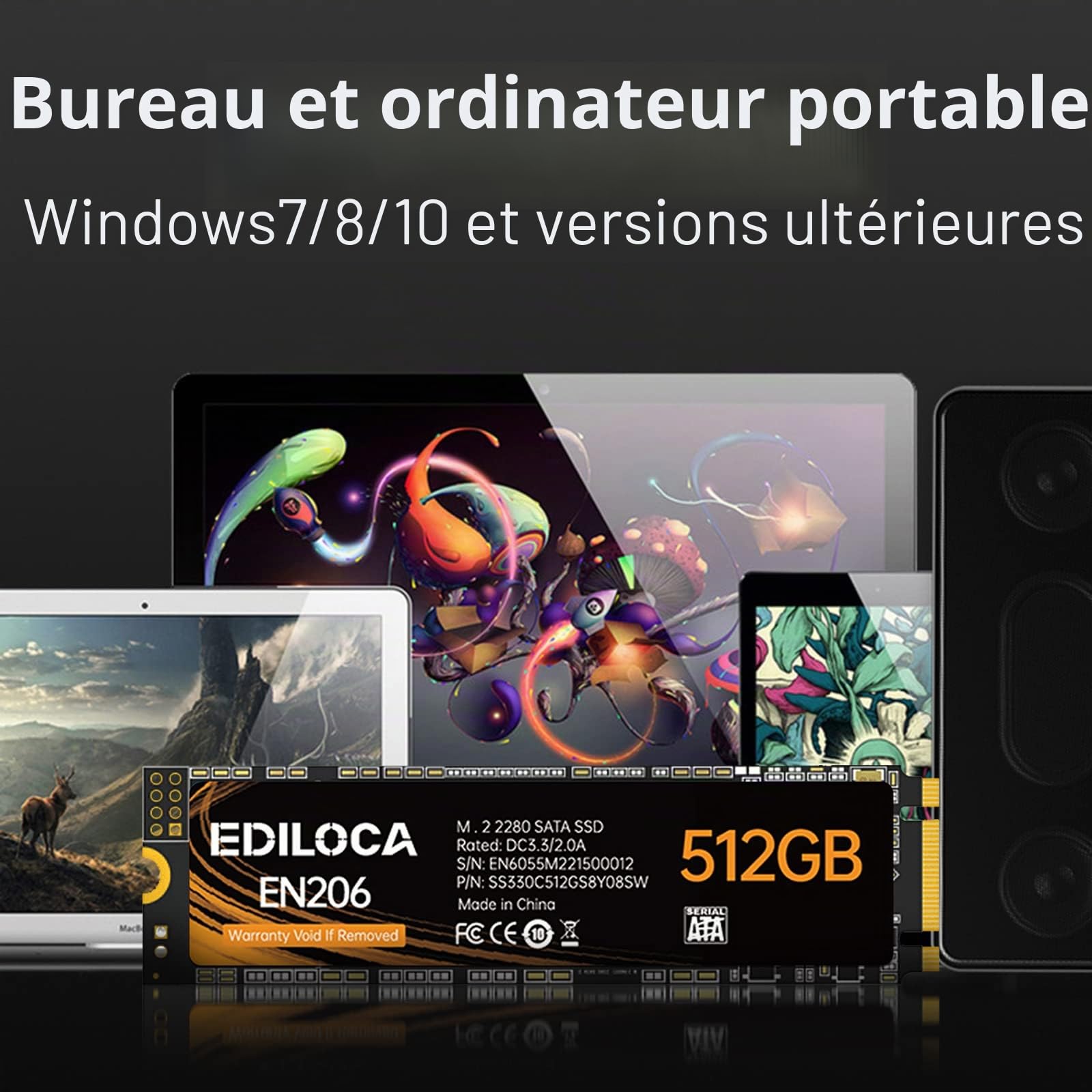 Ediloca Disque Dur Interne EN206 256 Go 3D NAND M.2 SSD, M.2 2280 SATA III 6 Go/s SSD, Vitesse de Lecture/écriture jusqu'à 550/460 Mo/s, Compatible avec Ultrabooks, tablettes et Mini PC