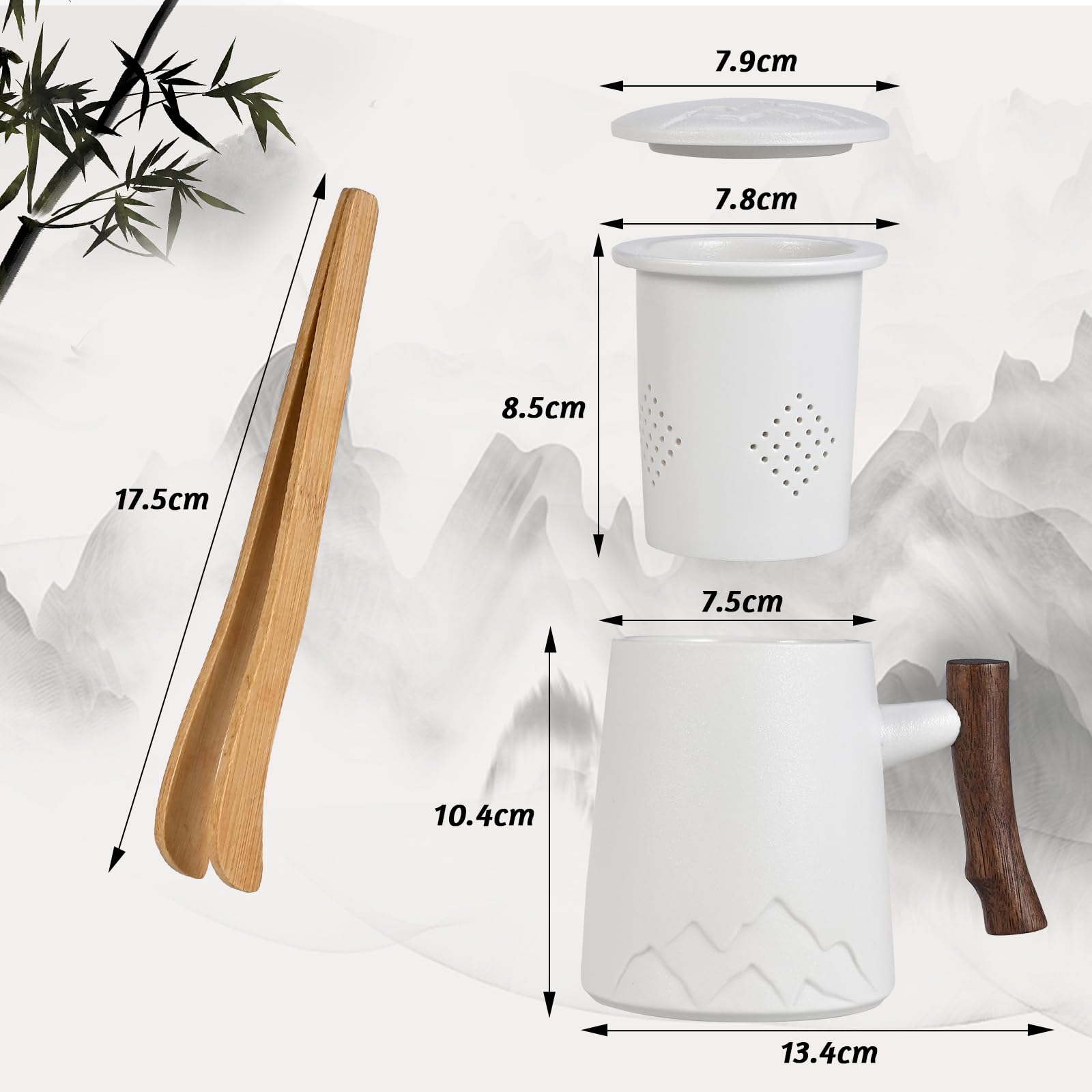 Herboom Teetasse mit Teesieb und Deckel Keramik Tasse Große Teetassen mit Holzgriff mit Teegeschirr Teeklammern Holz, geeignet für Zuhause/Büro/Geschenk