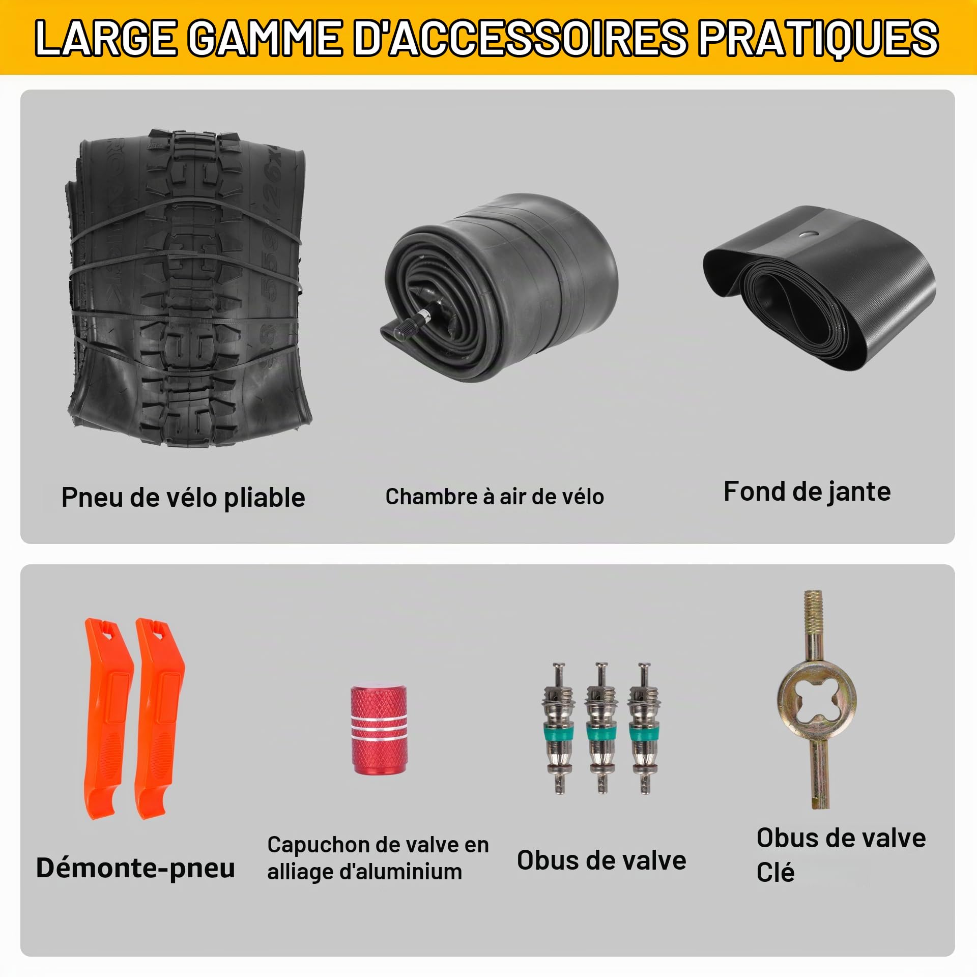 Pneu et Chambre à air Fat 26x4.0 pour vélo électrique - Lot de 1 - Noir | Pneu de vélo pliable haute performance résistant à l'usure 26 x 4, bande de roulement tout-terrain, diverses pièces pratiques