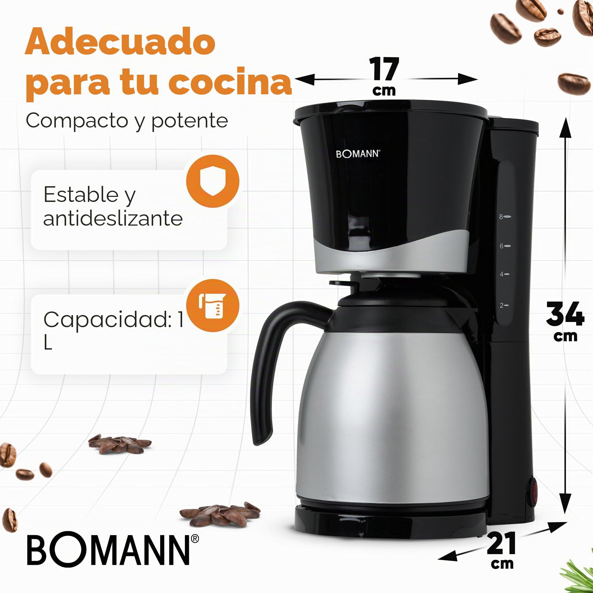 Bomann® Cafetera para 8-10 tazas de café de filtro, cafetera con jarra térmica, parada por goteo y desconexión automática, filtro extraíble, indicador de nivel de agua aprox. 1 litro - KA 168 CB negro