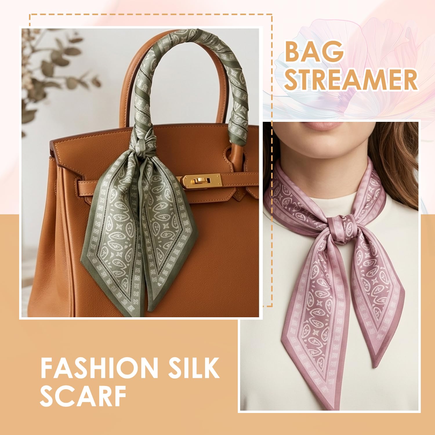 Bufanda estrecha de satén para bolsos, cuello, diadema y accesorios para el cabello — Bufanda de estilo bohemio para mujer