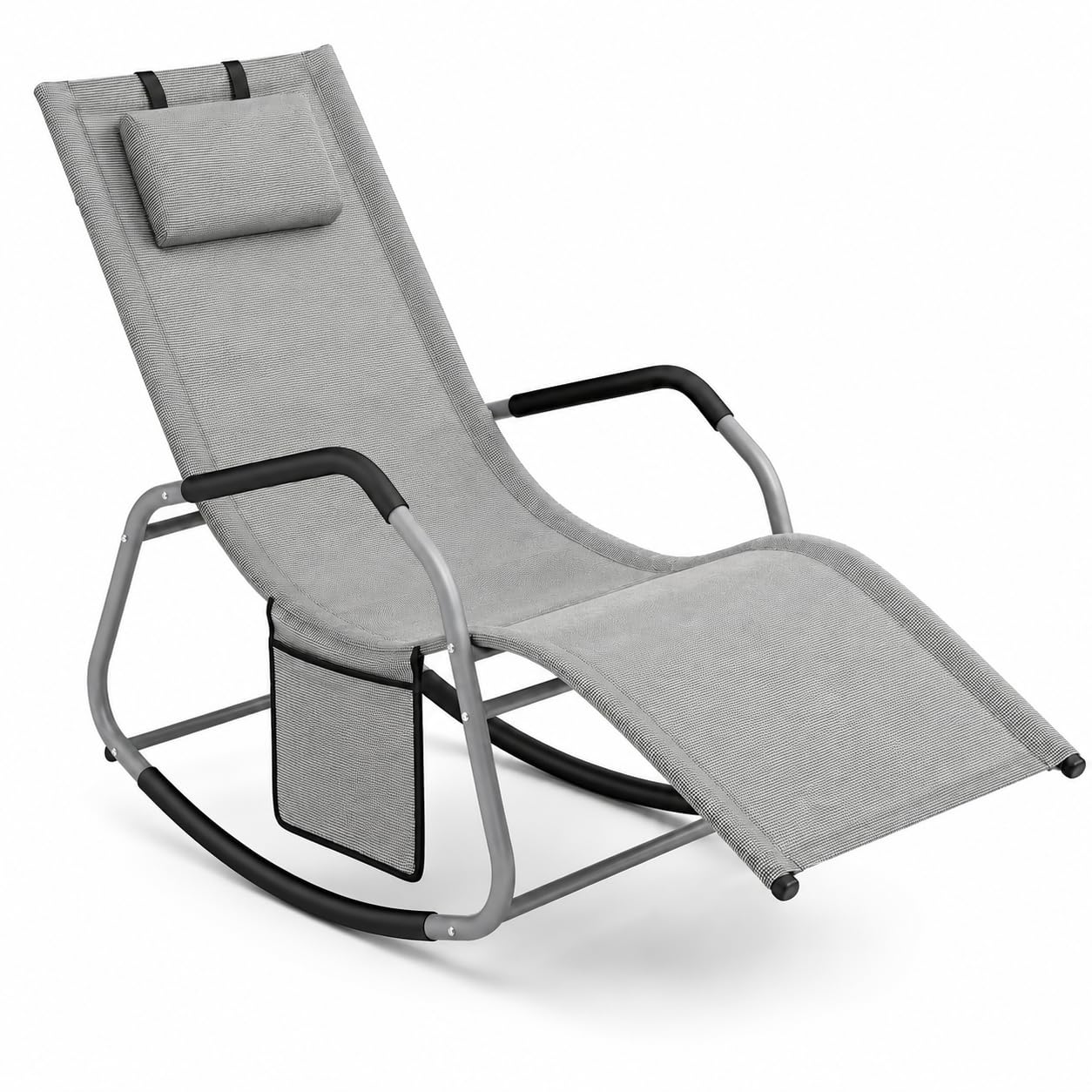 Sedia A Dondolo Ergonomica Da Esterno Con Cuscino Antiribaltamento E Tasca Laterale Sdraio Da Giardino Con Tela In Textilene E Telaio In Acciaio 151 x 56 x 90 Cm Grigio