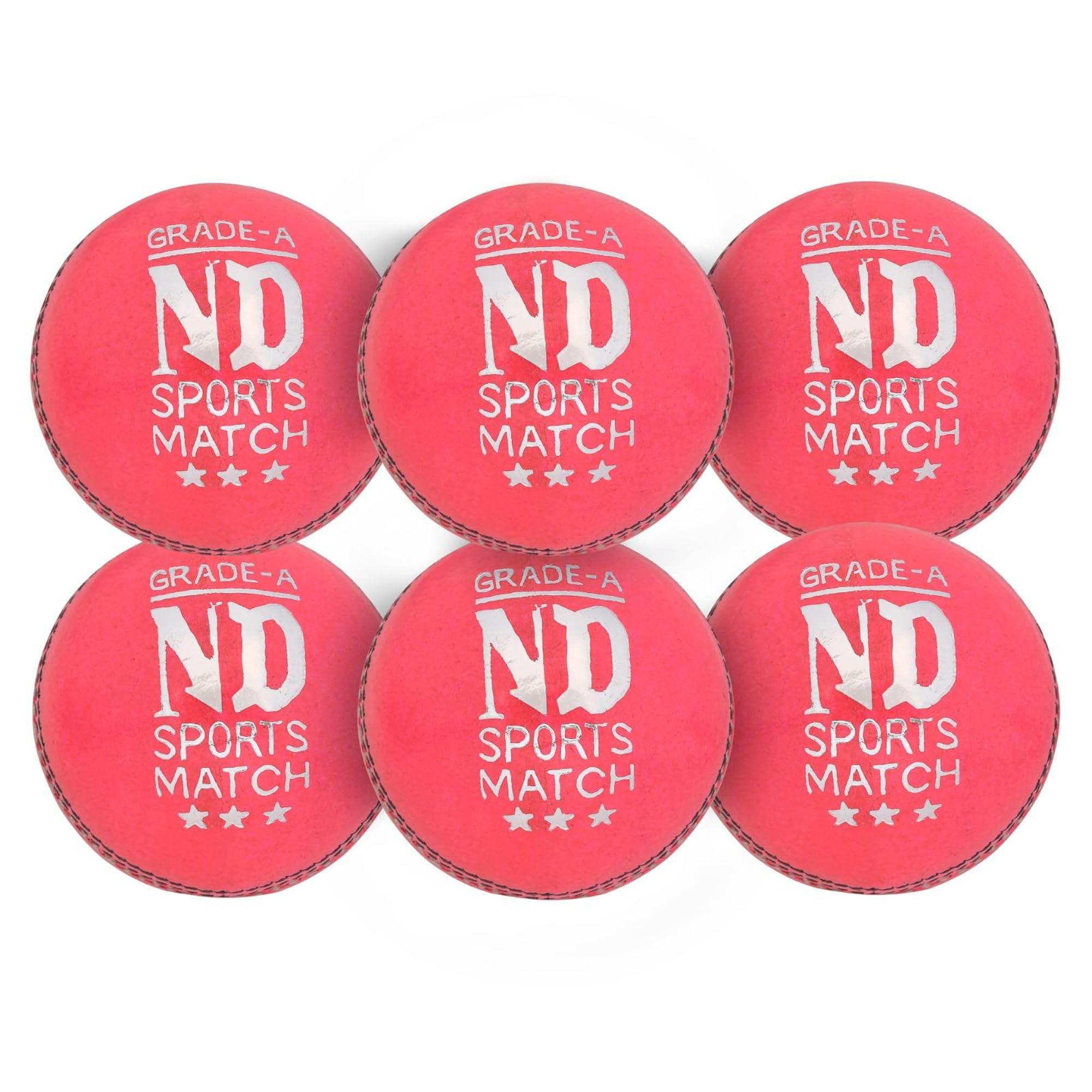 ND Sports Premium Grade Leather Cricket Ball – Ideal for Practice, Training, and Matches – Available in Pack of 1, 3, 6 Handcrafted for Superior Performance (P-6, Pink)