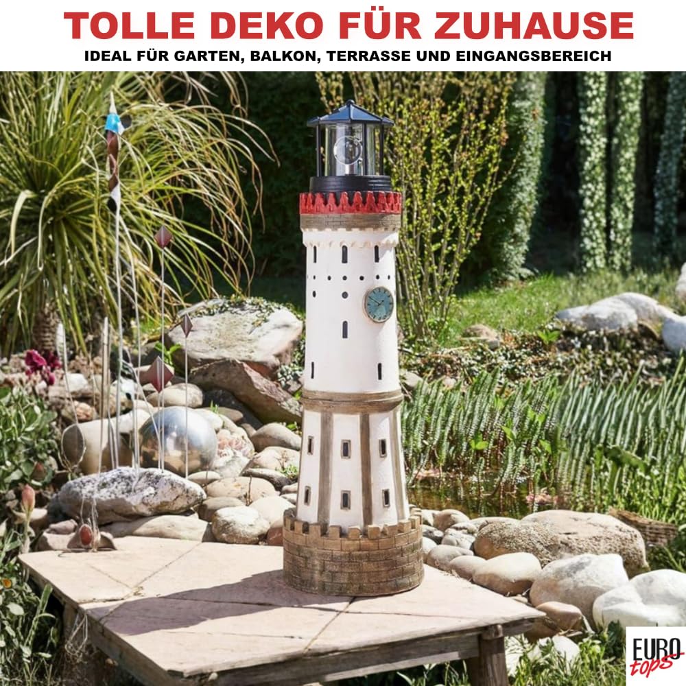 EUROtops Solar Leuchtturm „Lindau“ – handbemalte Deko für Garten & Terrasse, rotierendes LED-Leuchtfeuer, Solarlicht mit Dämmerungssensor, 84 cm